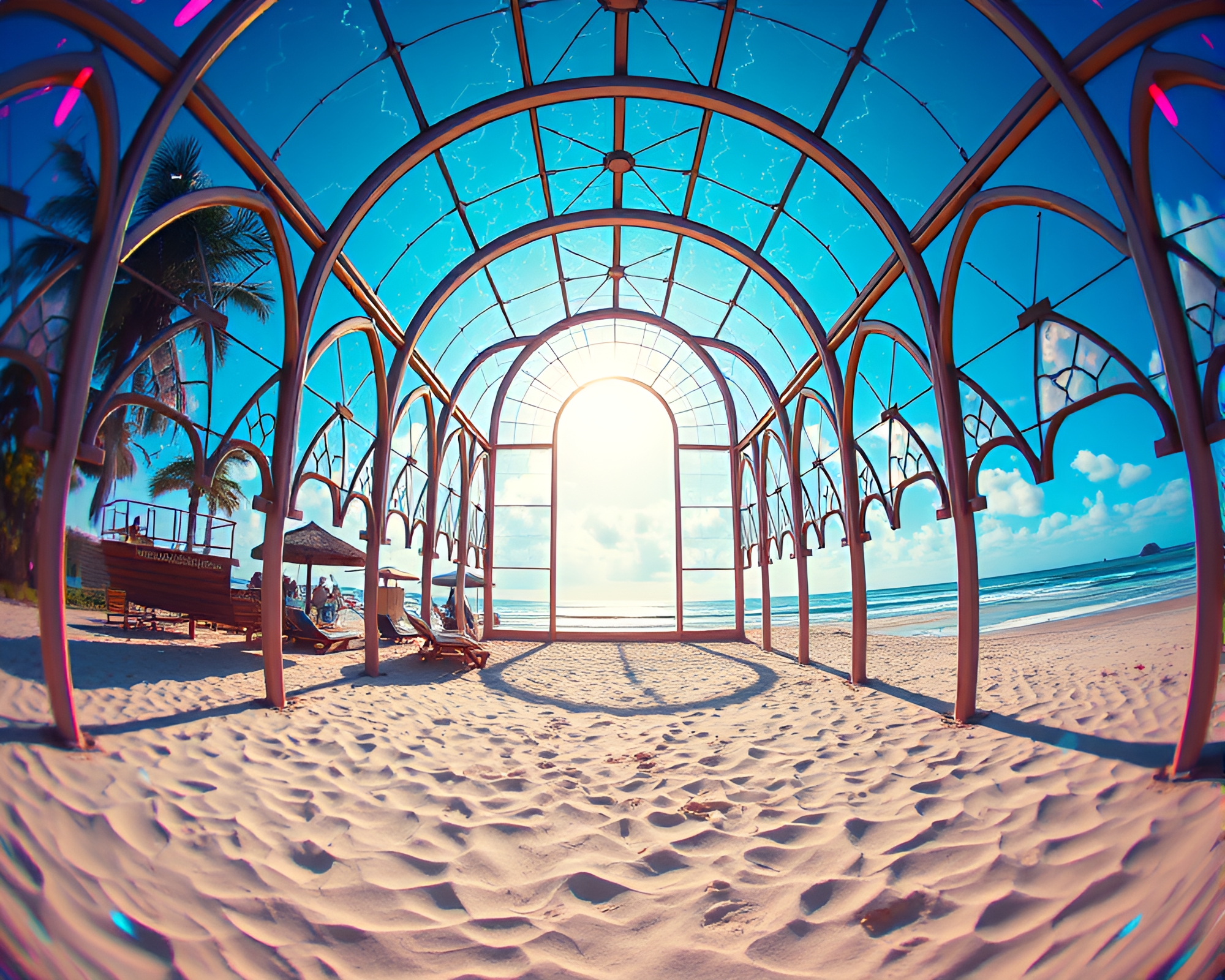 Oceanic Sunset Fisheye: Futuristic Beach Cathedral – free AI stock image