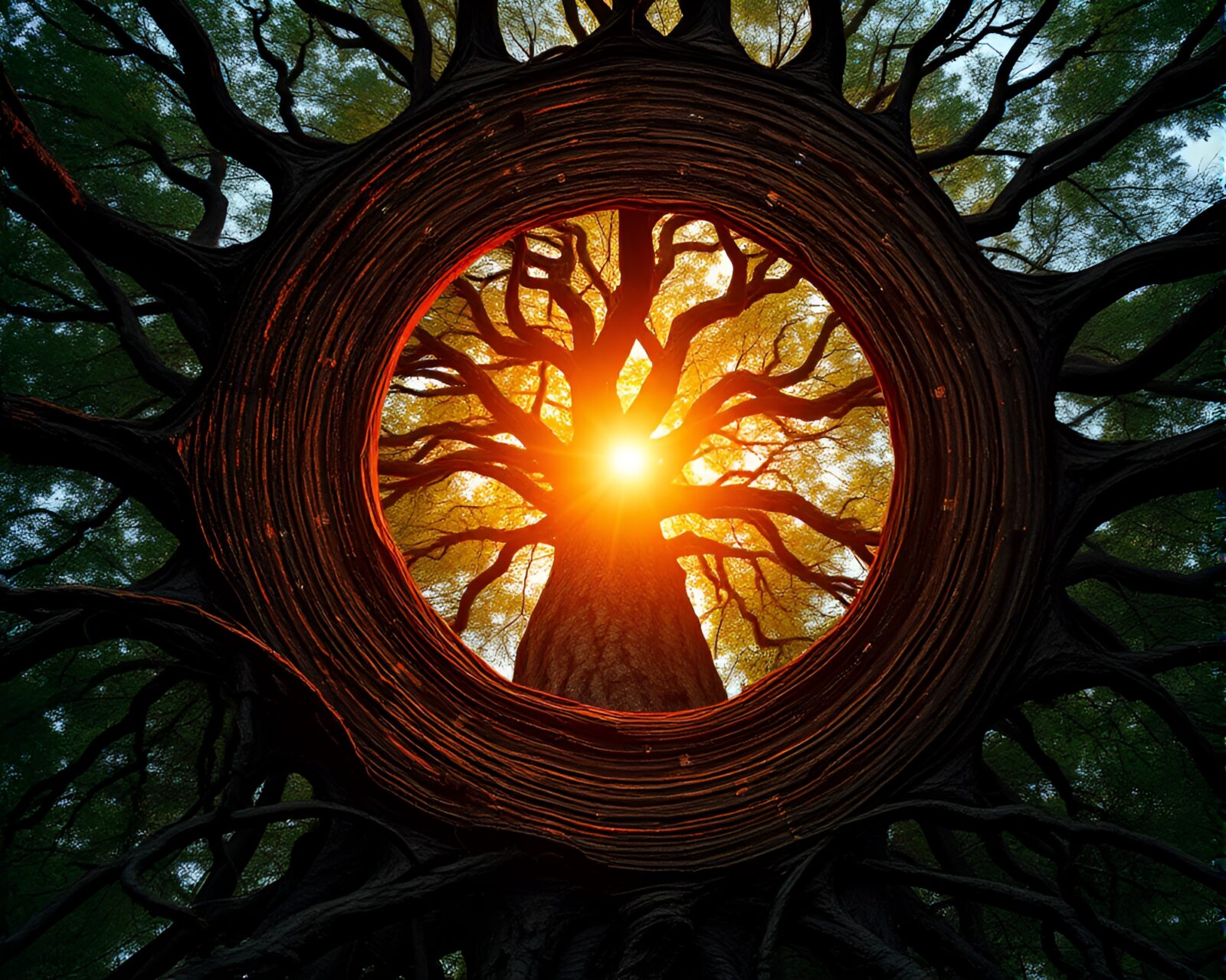 Particle simulation of intricate tree ring pattern at sunrise