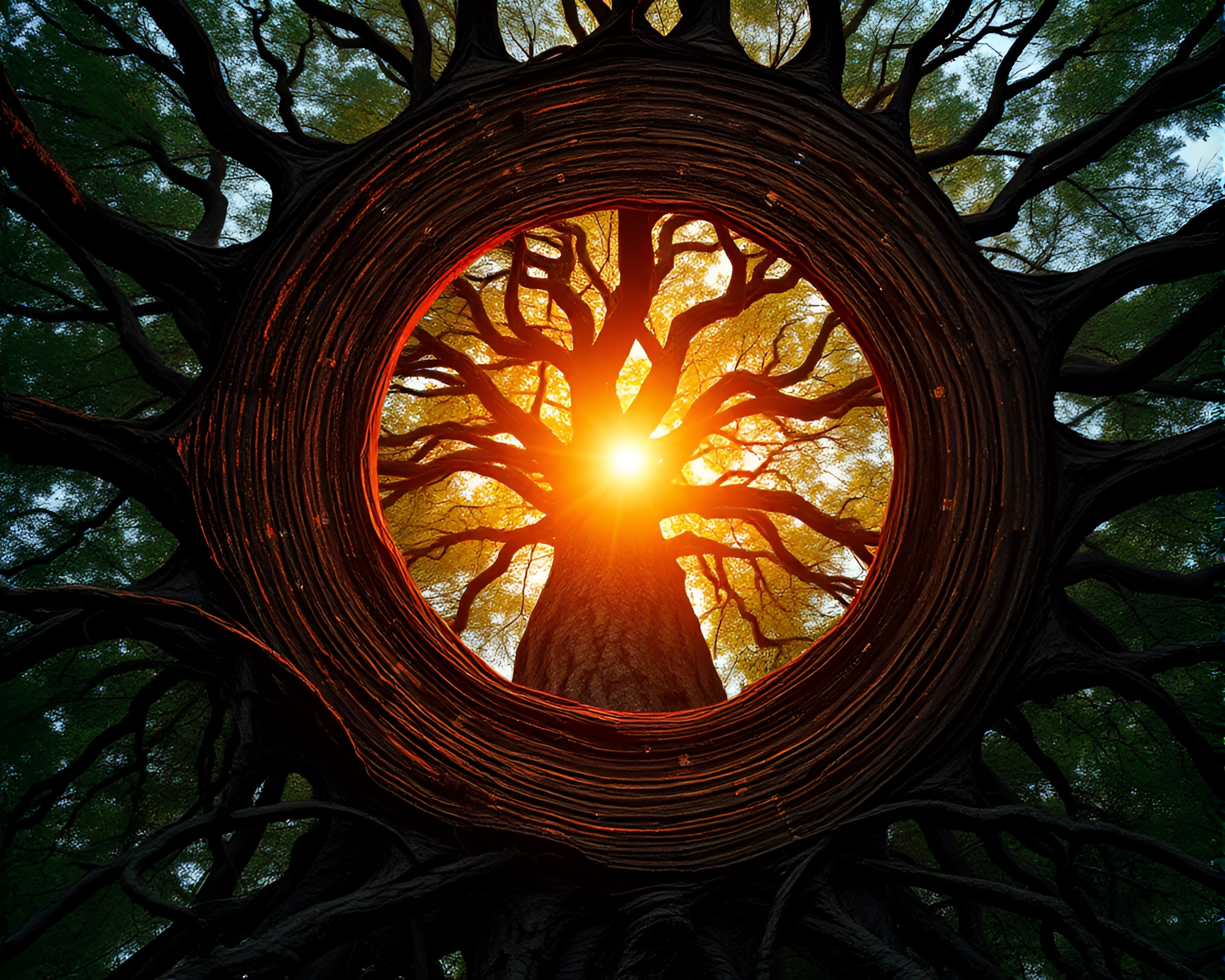 Mesmerizing Tree Ring Quantum Teleportation Device in Cool Dawn Light – free AI stock image