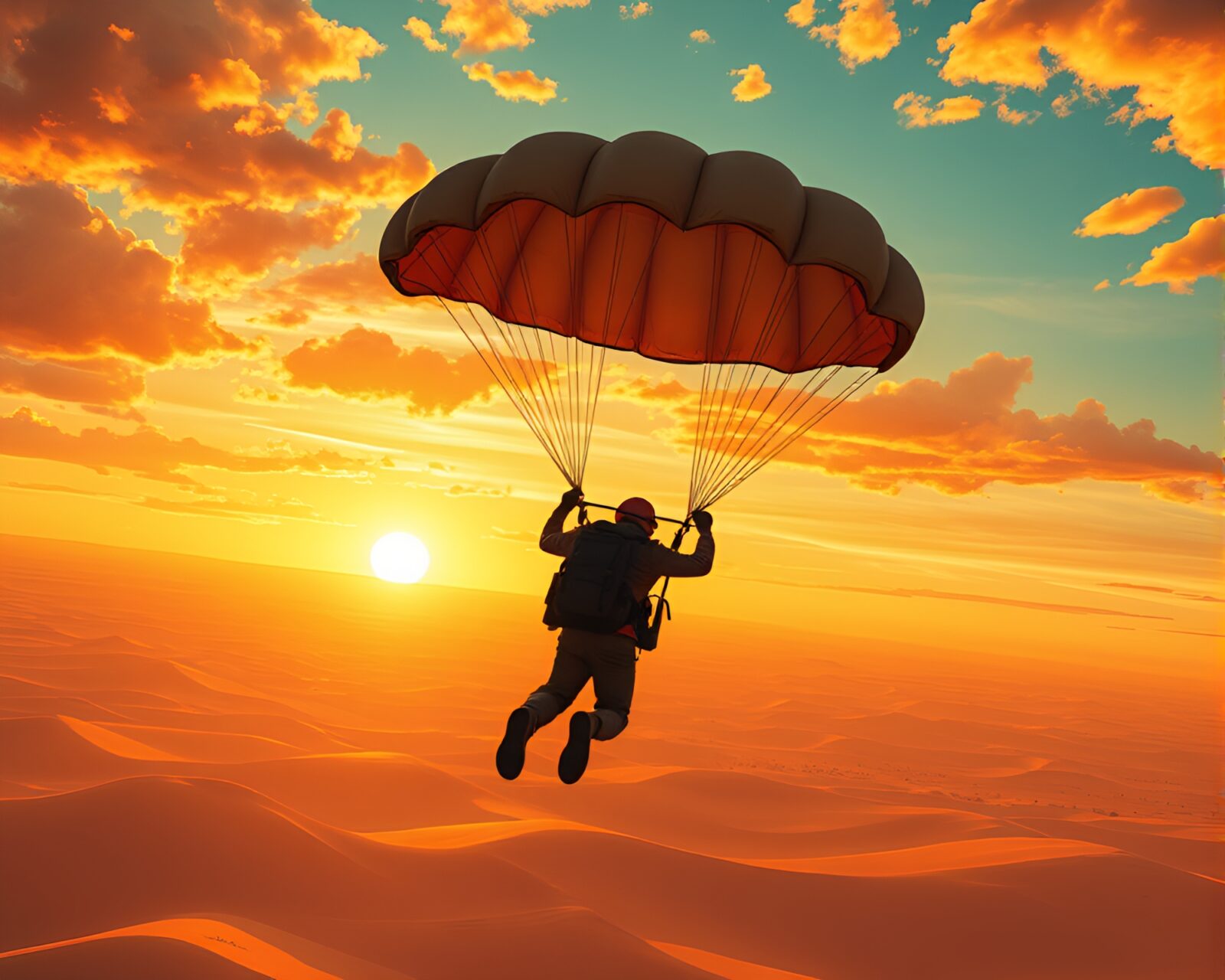 Vibrant children's book desert sunset parachute jumper close-up