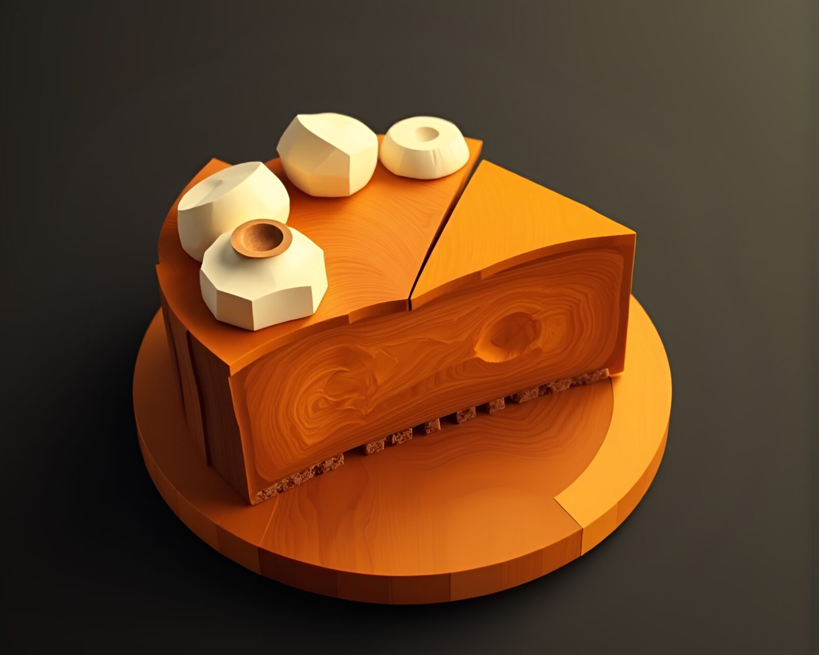 Voxel art pumpkin pie with triadic colors on wood texture