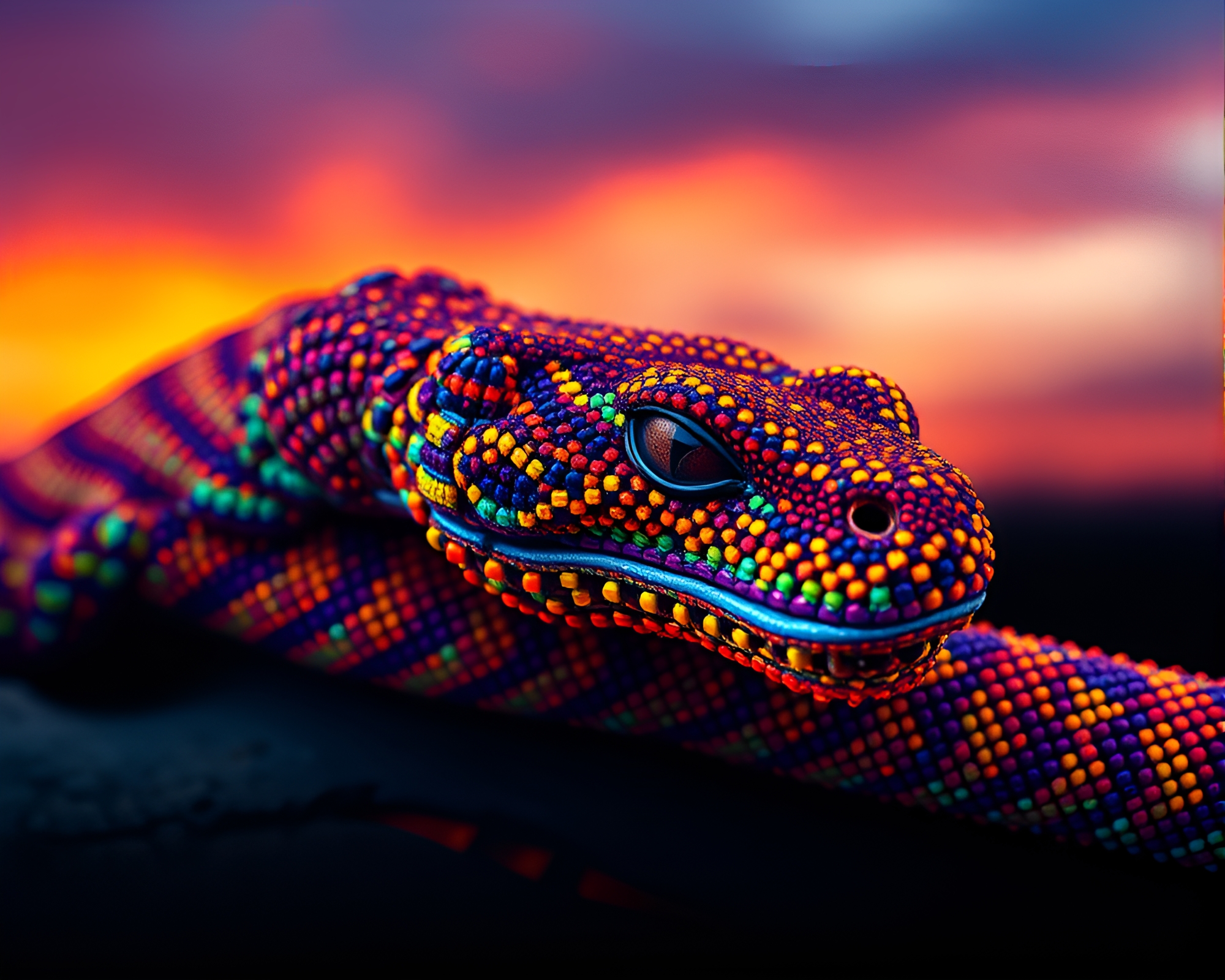 Beadwork Basilisk at Glitchy Sunset – free AI stock image