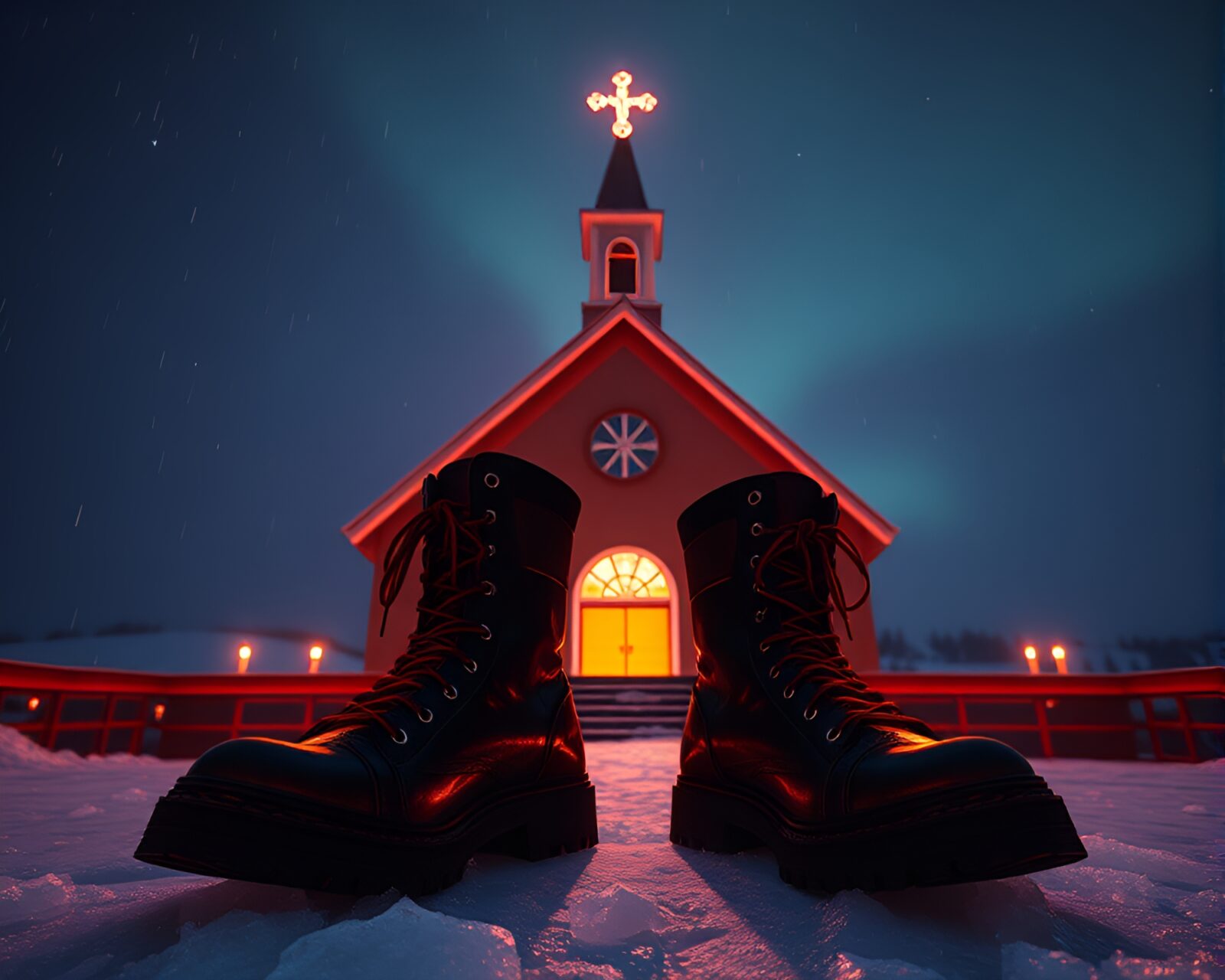 Intricate ice crystals glowing in dim church candlelight