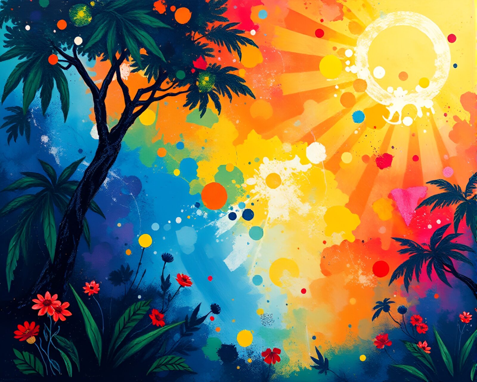 Vibrant jungle scene with splatters of starburst colors