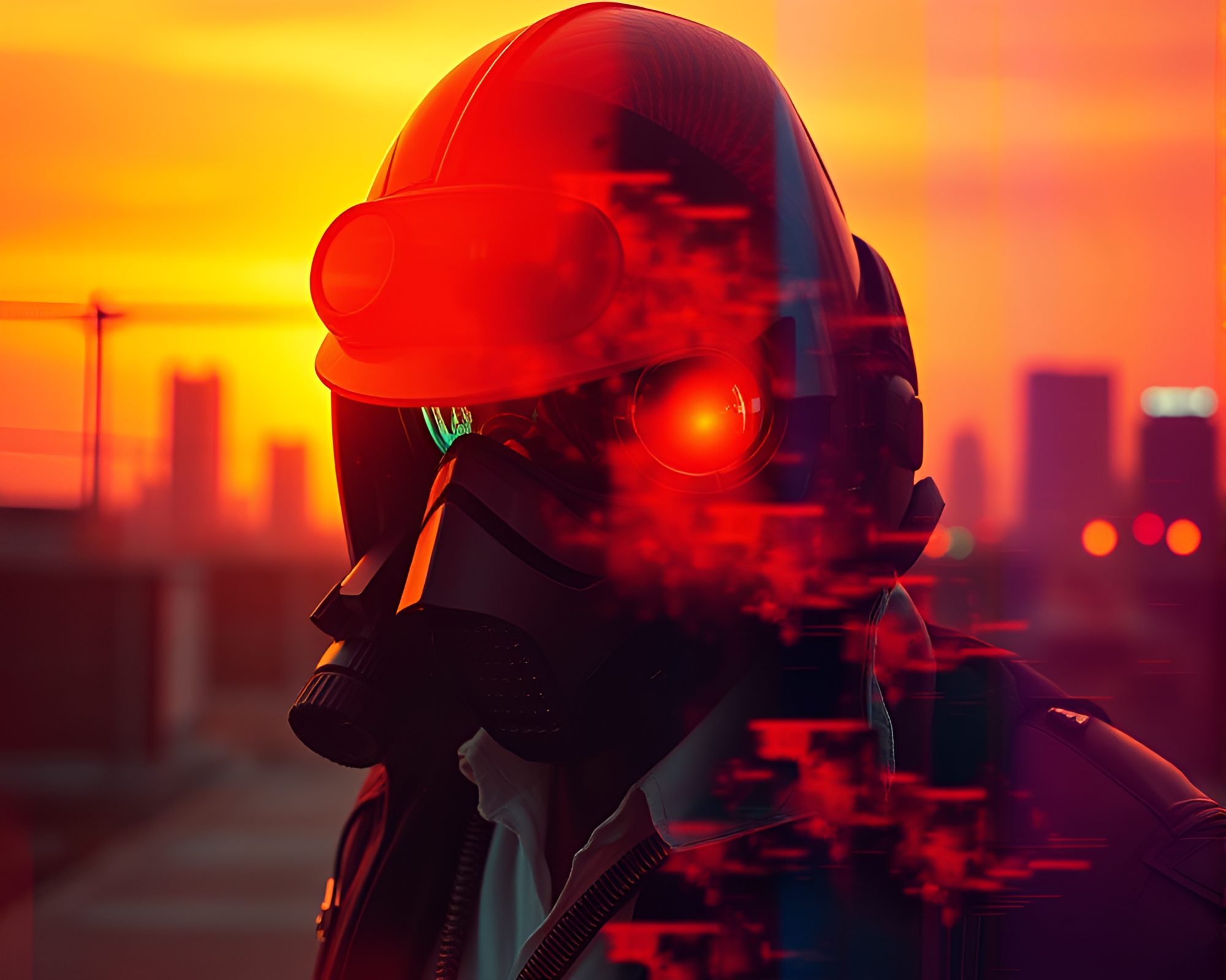 Cyberpunk Vigilante in Sunset Holographic Double Exposure – free AI stock image