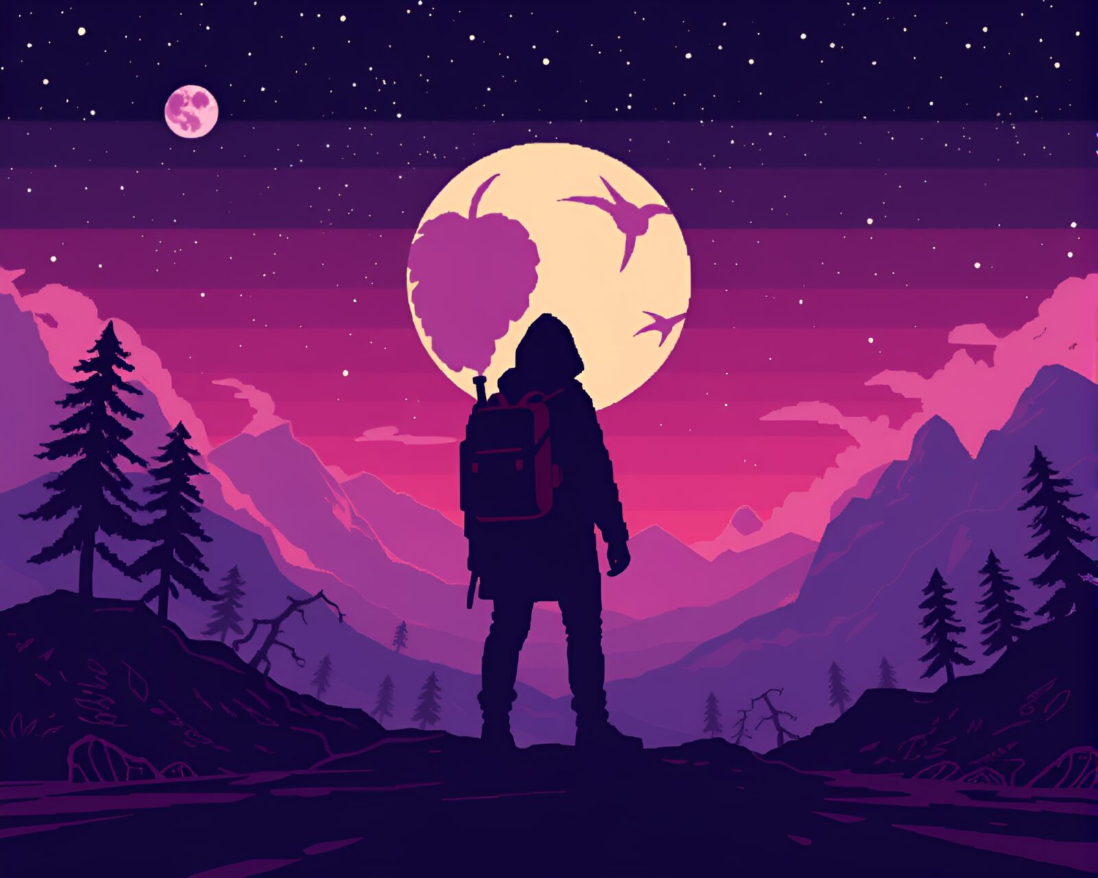 A mysterious figure in pixel art surrounded by indigo void