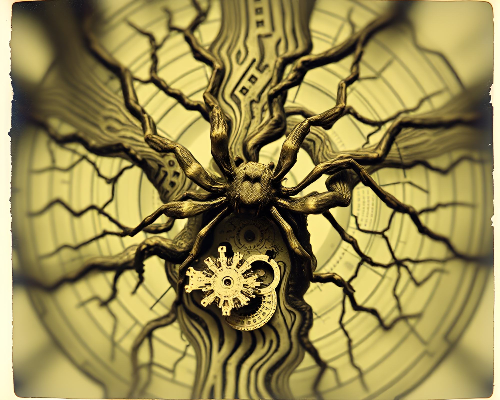 Vintage mechanical spider under tree ring pattern – free AI stock image