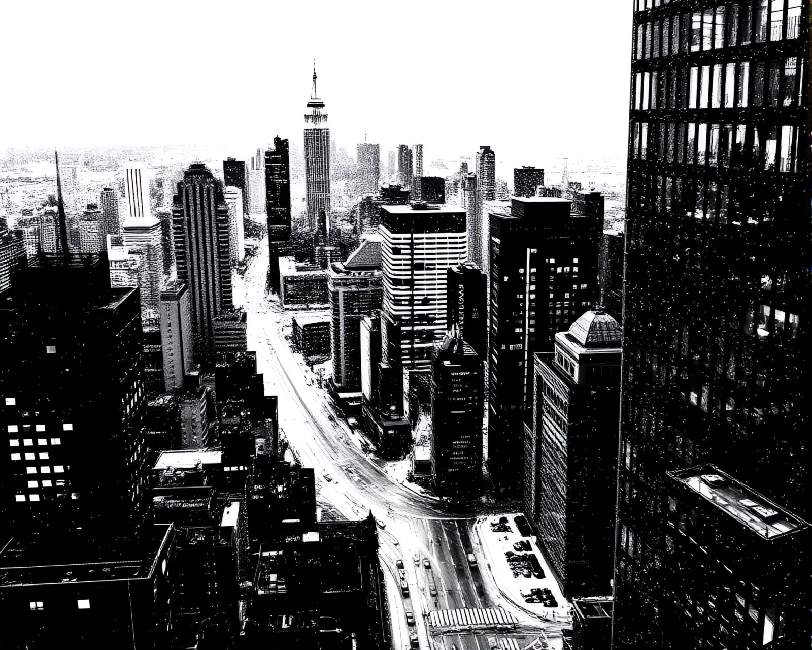Grisaille virtual cityscape in high-contrast halftone grid style