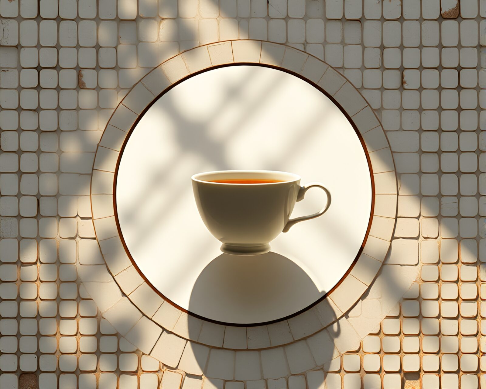 Circular mosaic-framed tea cup floating in muted shadows