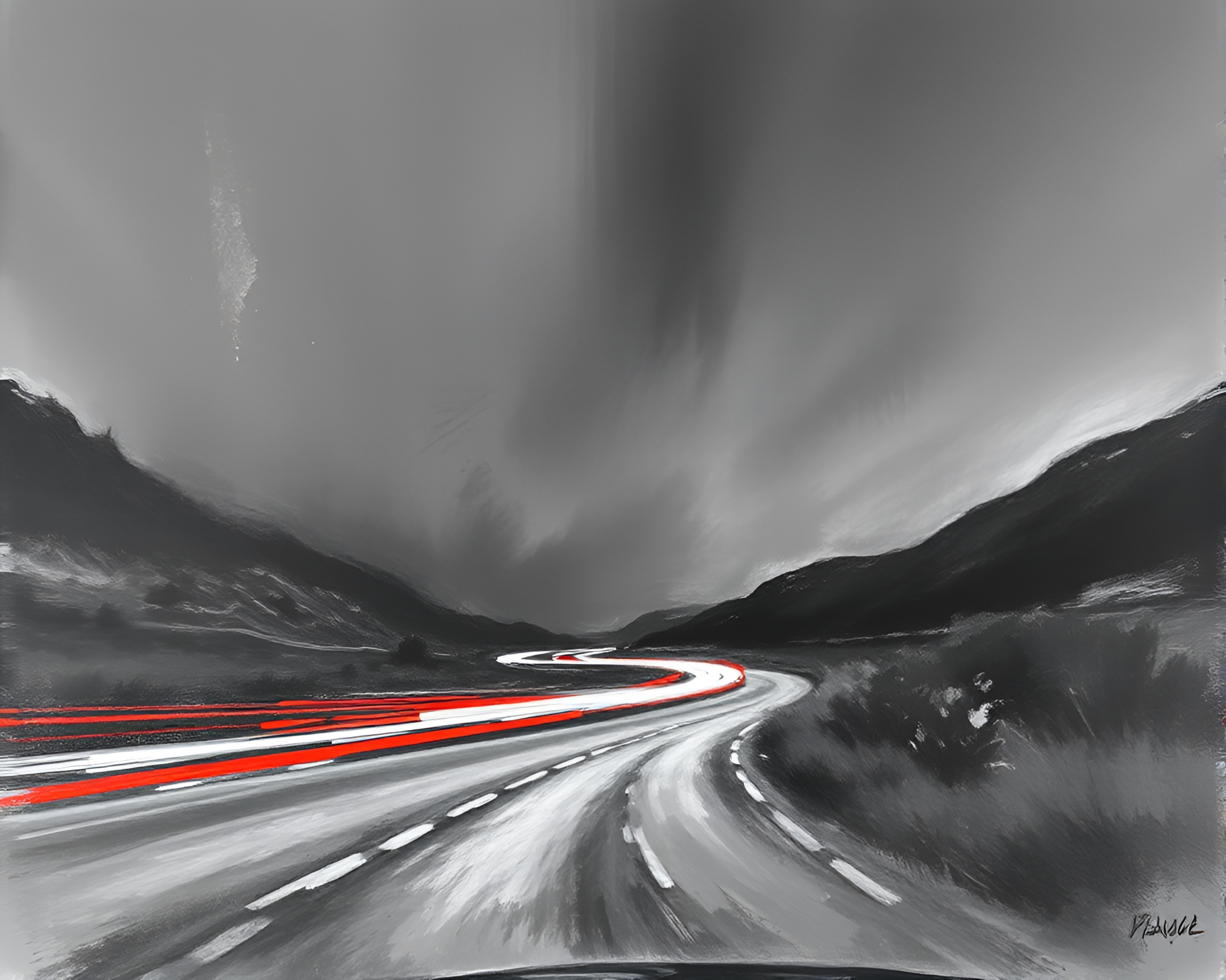 Valley Car Light Trails Graphite Gray Palette Knife Painting – free AI stock image