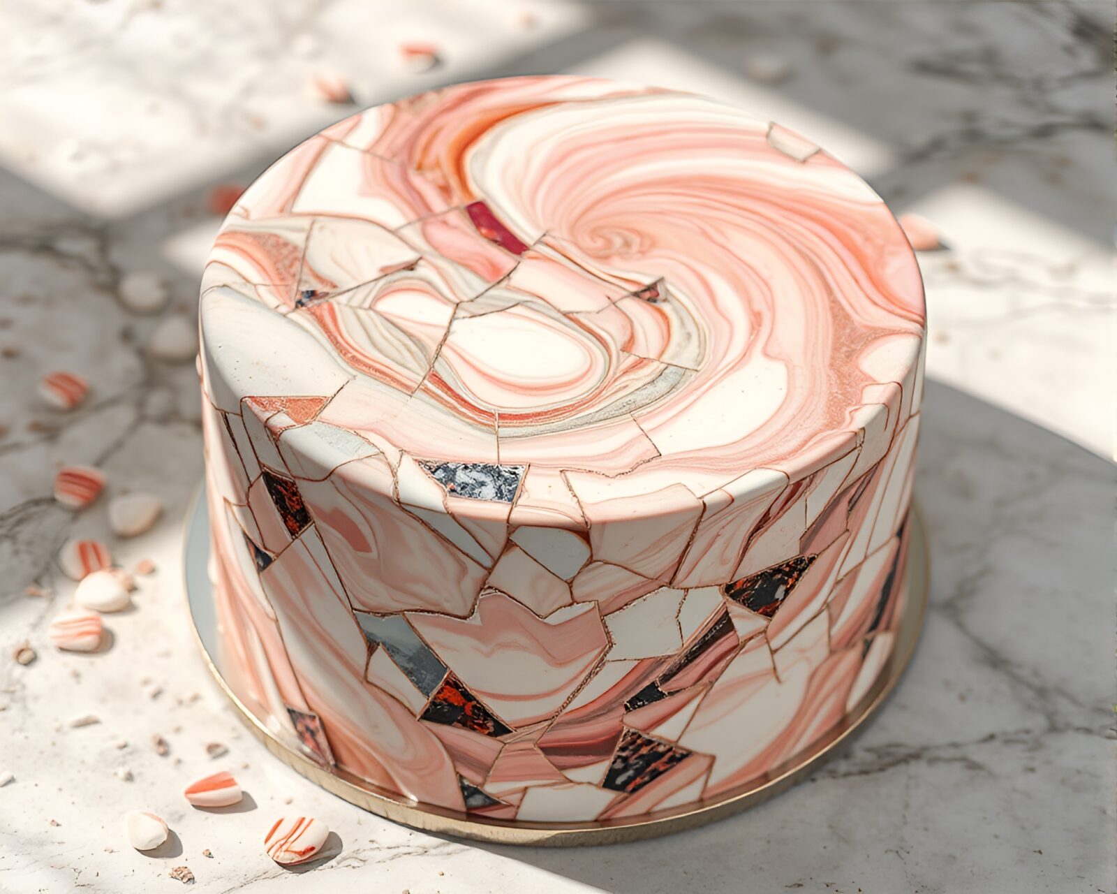 A broken mosaic of vibrant marbled cake pieces casting soft shadows