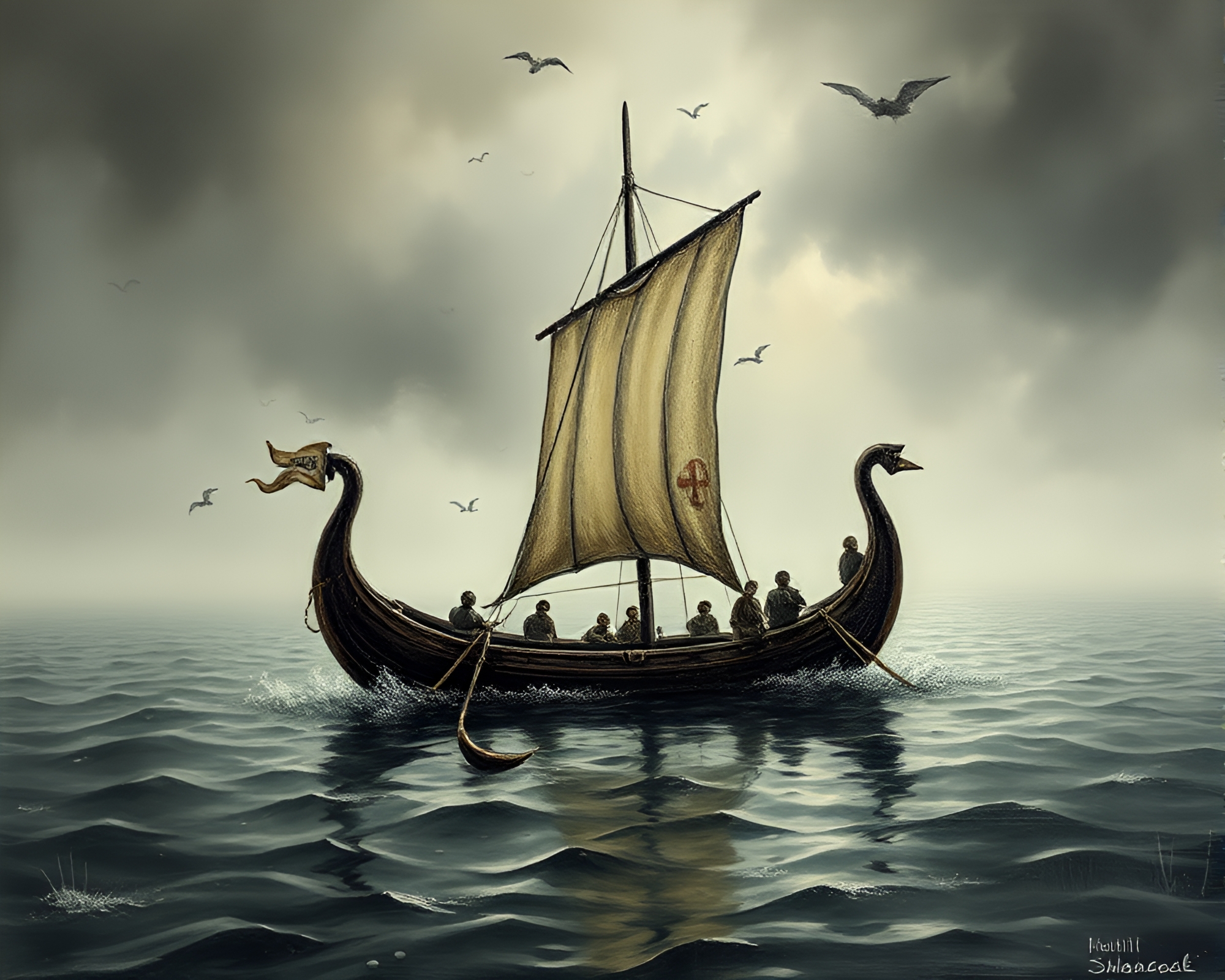 Gloomy Viking Longship Through Wet Glass Beads – free AI stock image