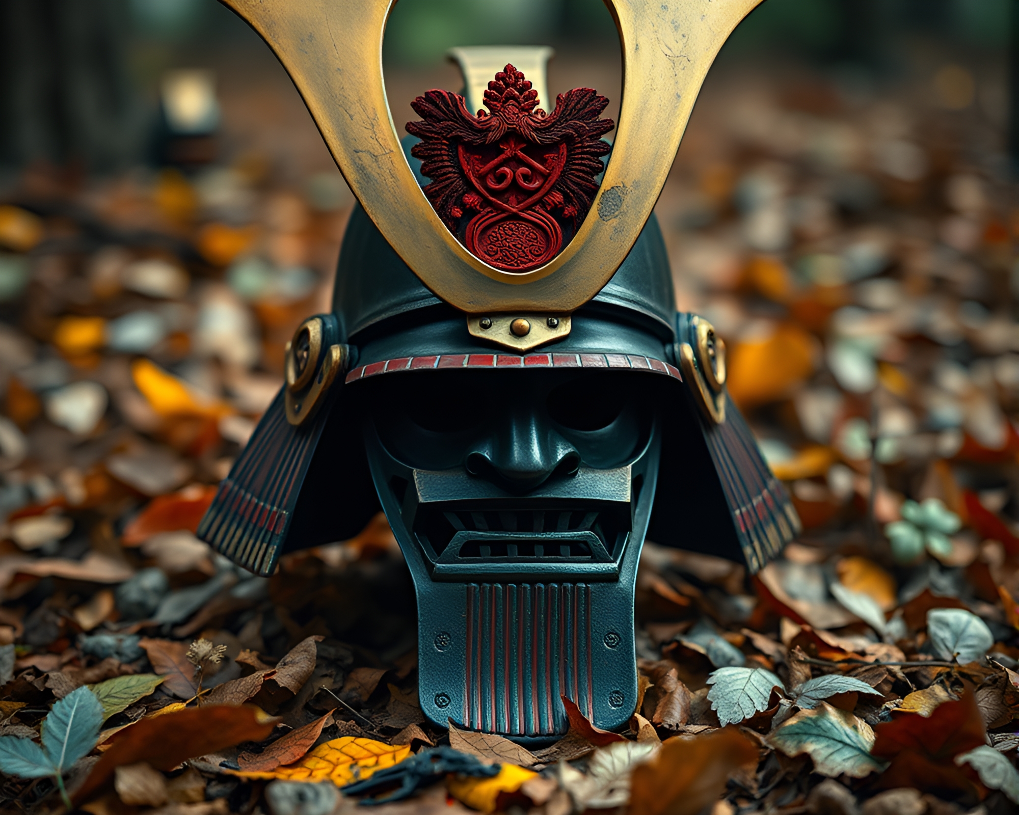 Samurai Helmet in Hyper-Saturated Fall Forest – free AI stock image