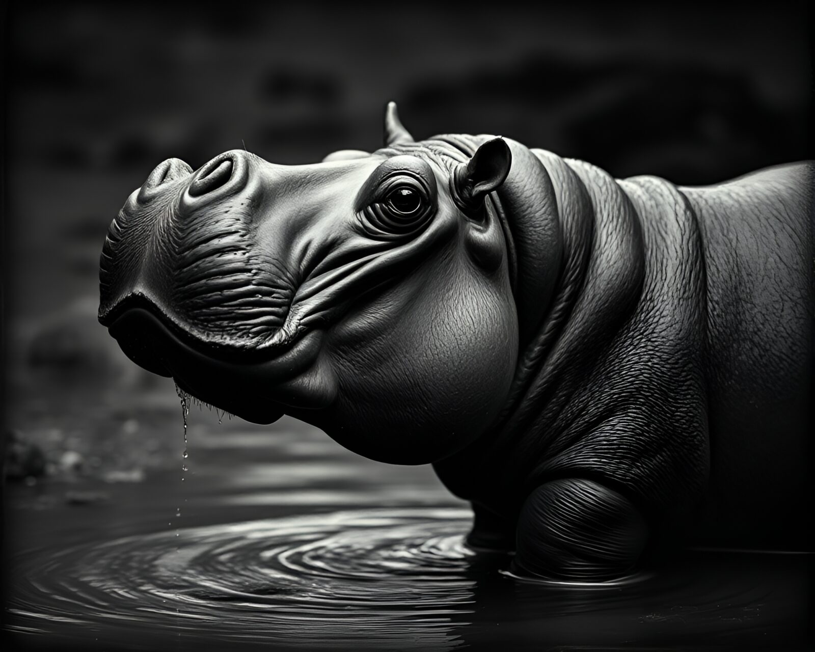 Detailed engraving of a gloomy hippopotamus in unique art style