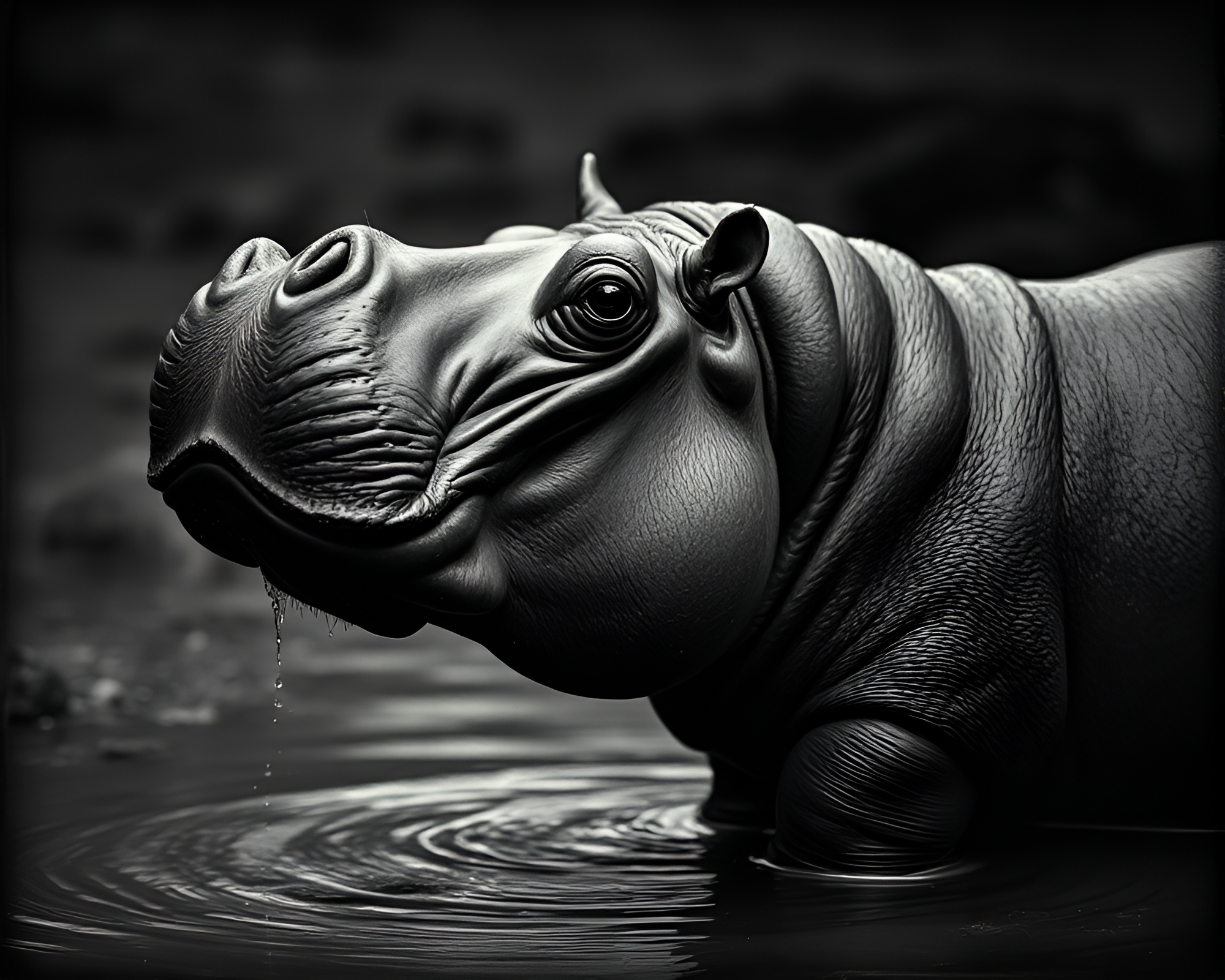 Engraved details of desaturated hippopotamus in cross-processed style – free AI stock image