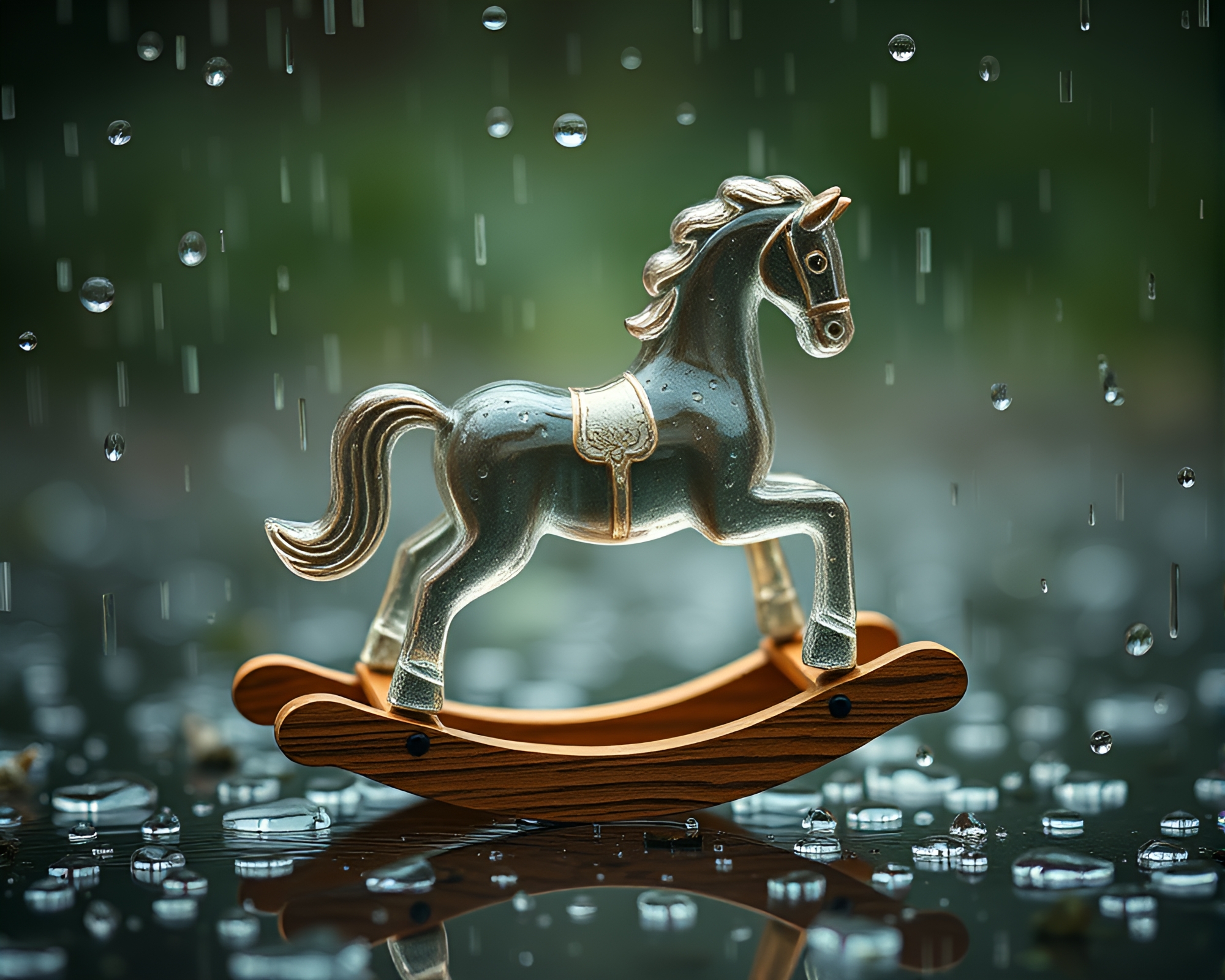 Enchanting Macro Photograph of Rain on Wooden Rocking Horse – free AI stock image