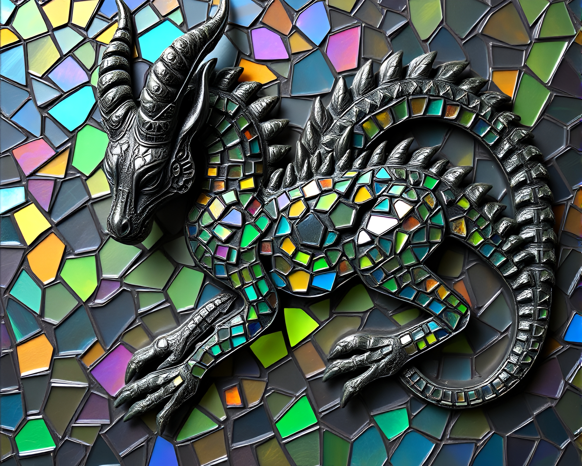 Iridescent Cerberus Mosaic Stained Glass Art – free AI stock image