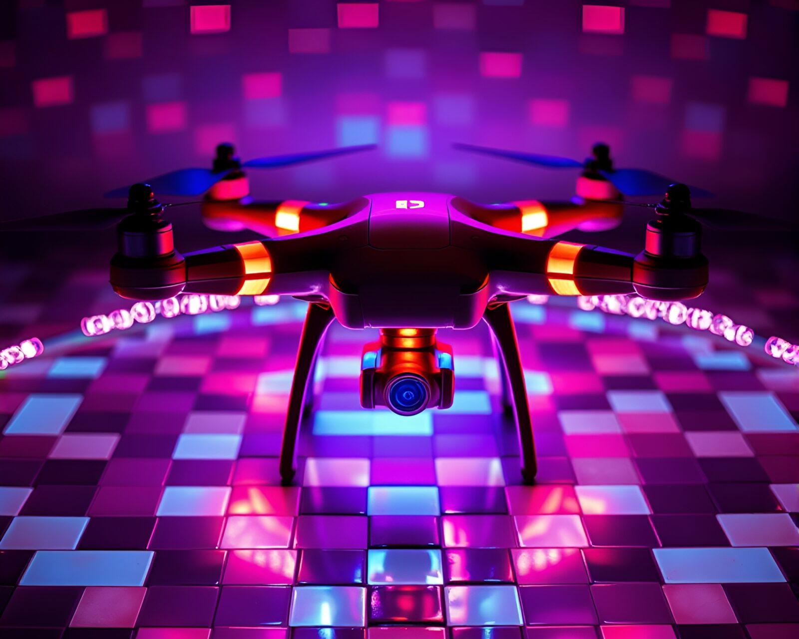 Colorful mosaic artwork of an infrared drone gleaming with neon holographic lights