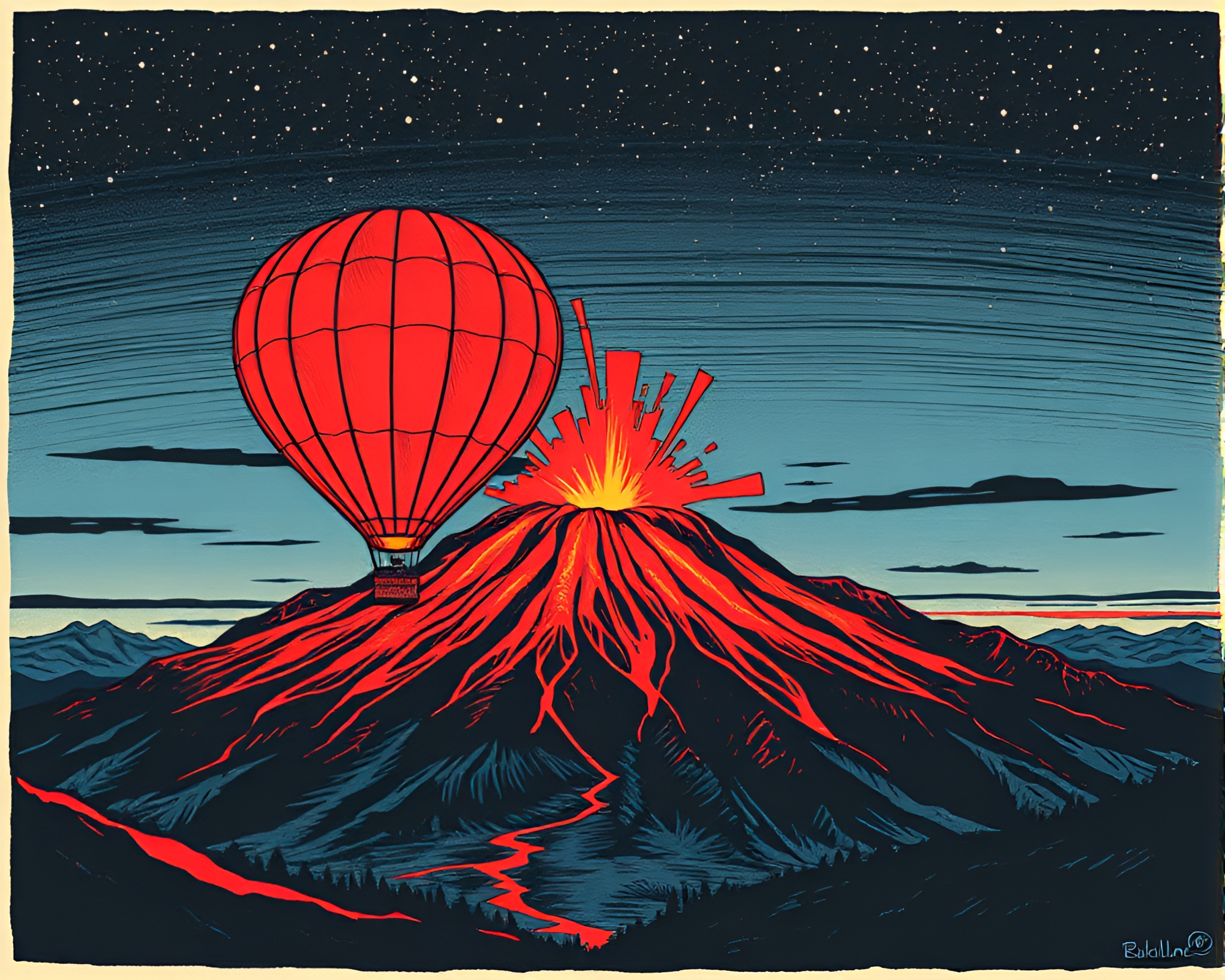 Volcano Glow Hot Air Balloon Woodcut Print – free AI stock image