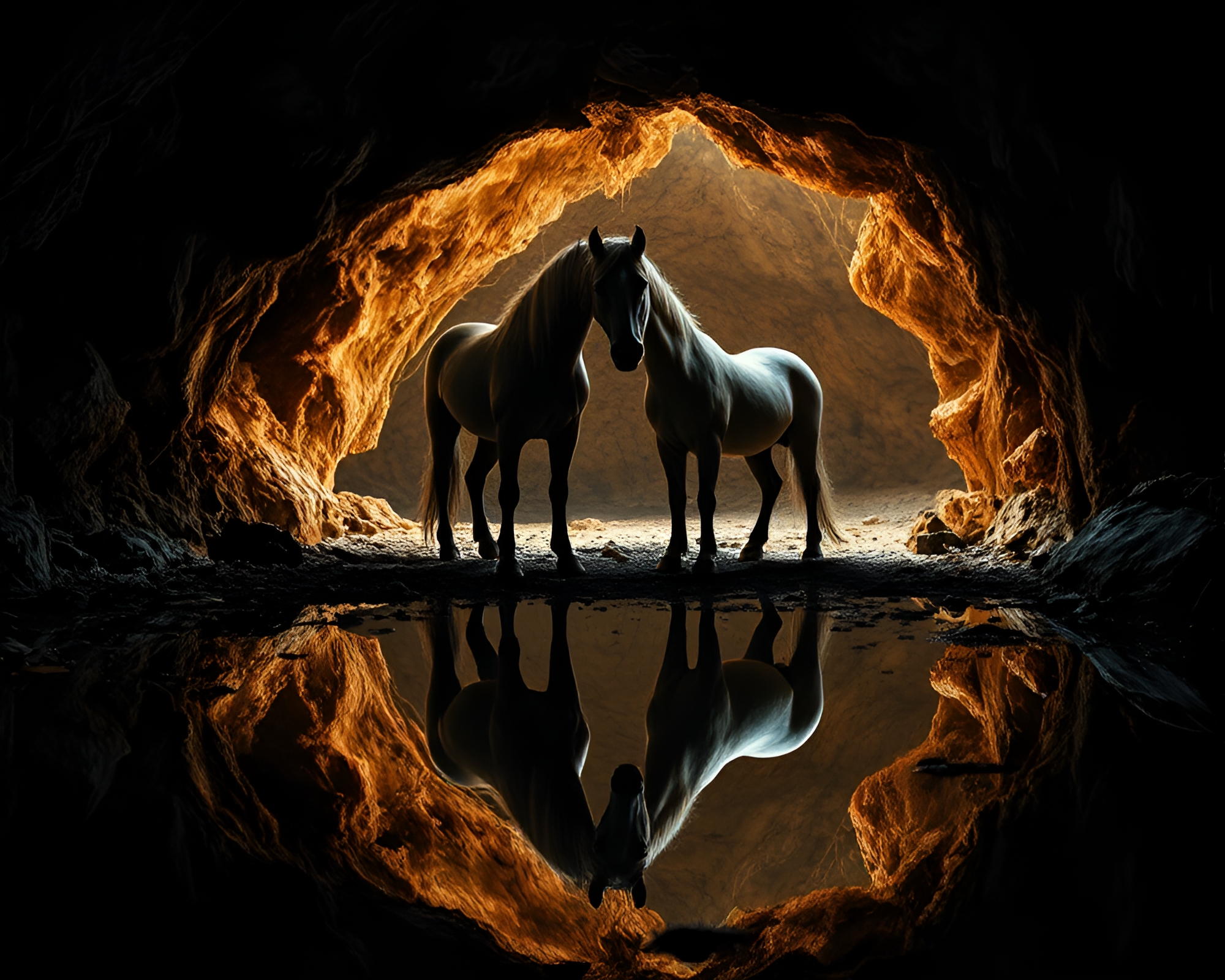 Wild Stallion Double Reflection in Dystopian Cave Entrance – free AI stock image