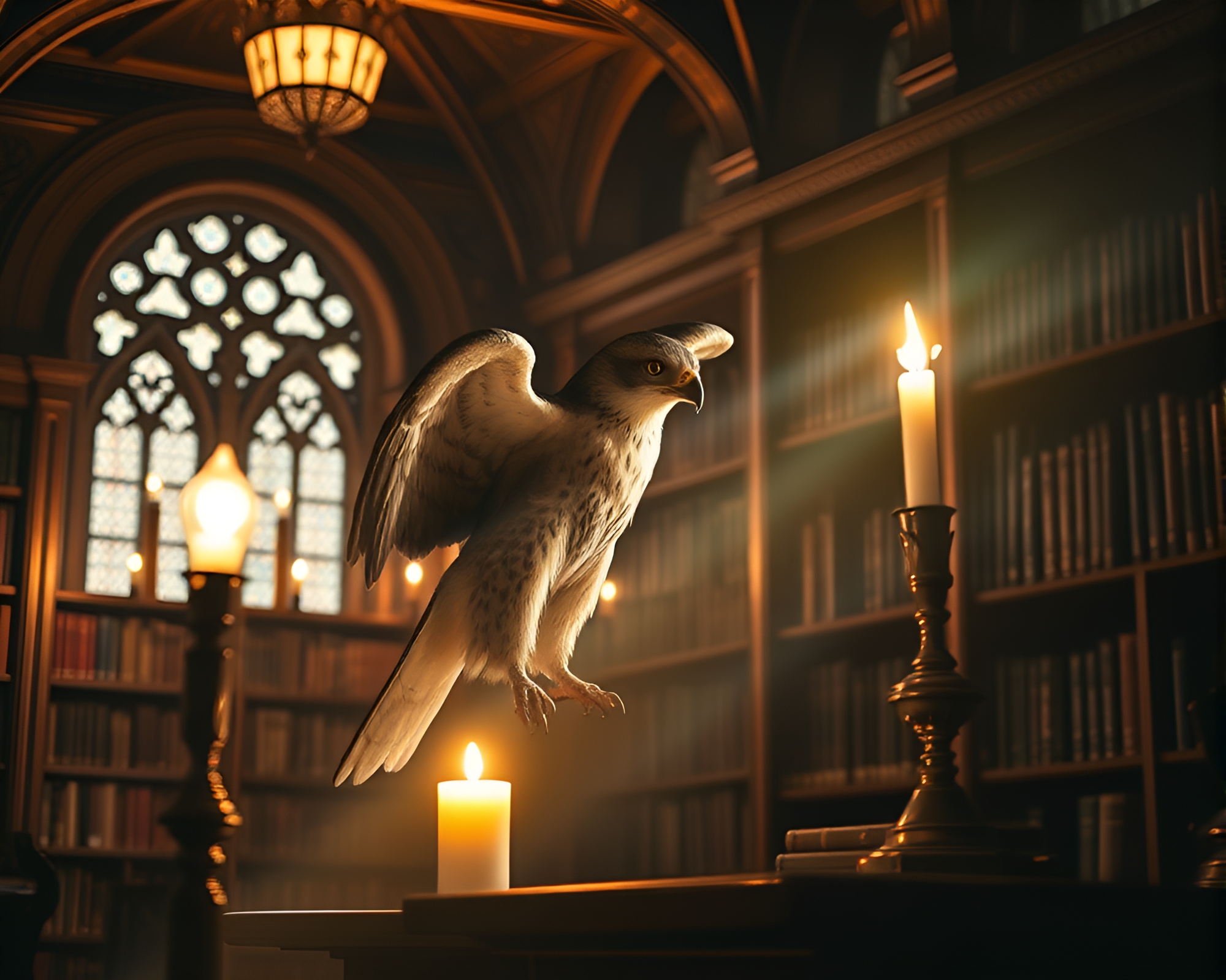 Falcon perched in candlelit library with lens flare – free AI stock image