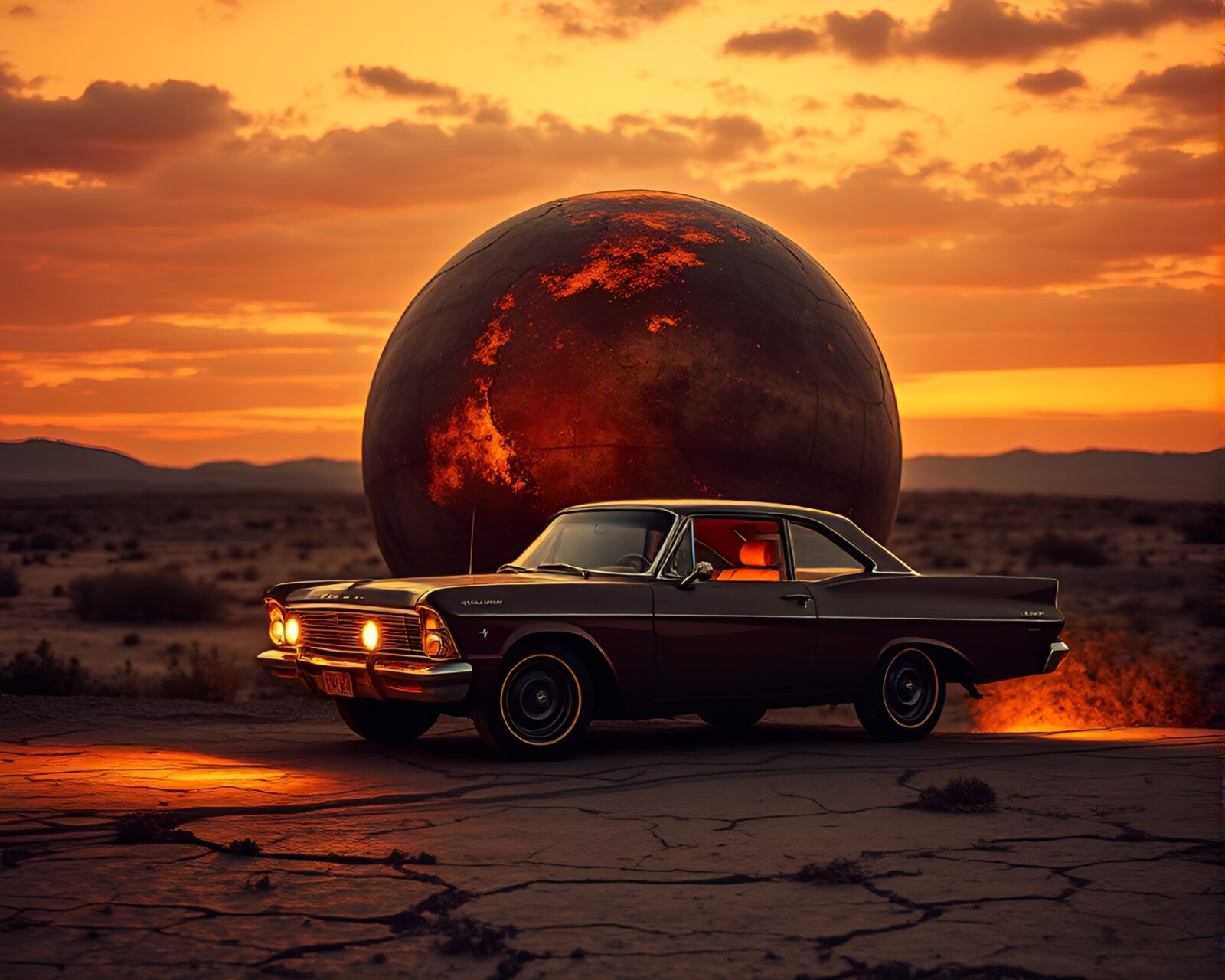Futuristic hover car gliding over cracked desert terrain