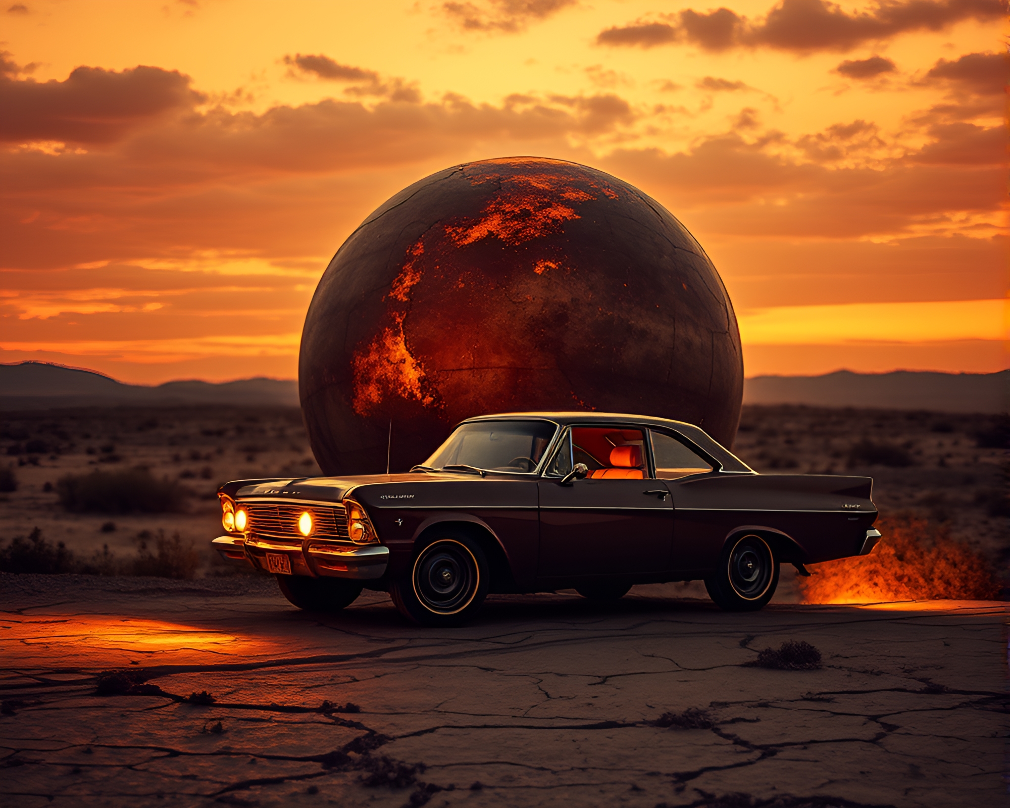Cracked Earth Hover Car at Golden Hour Dusk – free AI stock image
