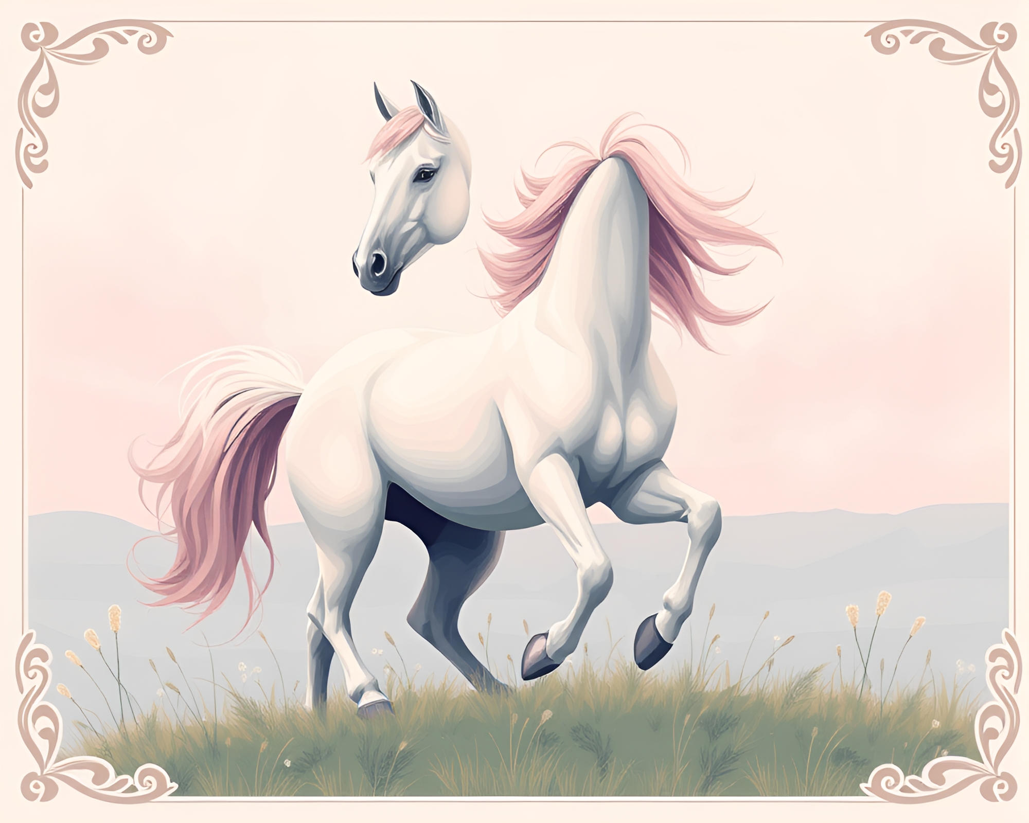 Majestic Wild Stallion in Soft Pastel Vignette Border – free AI stock image