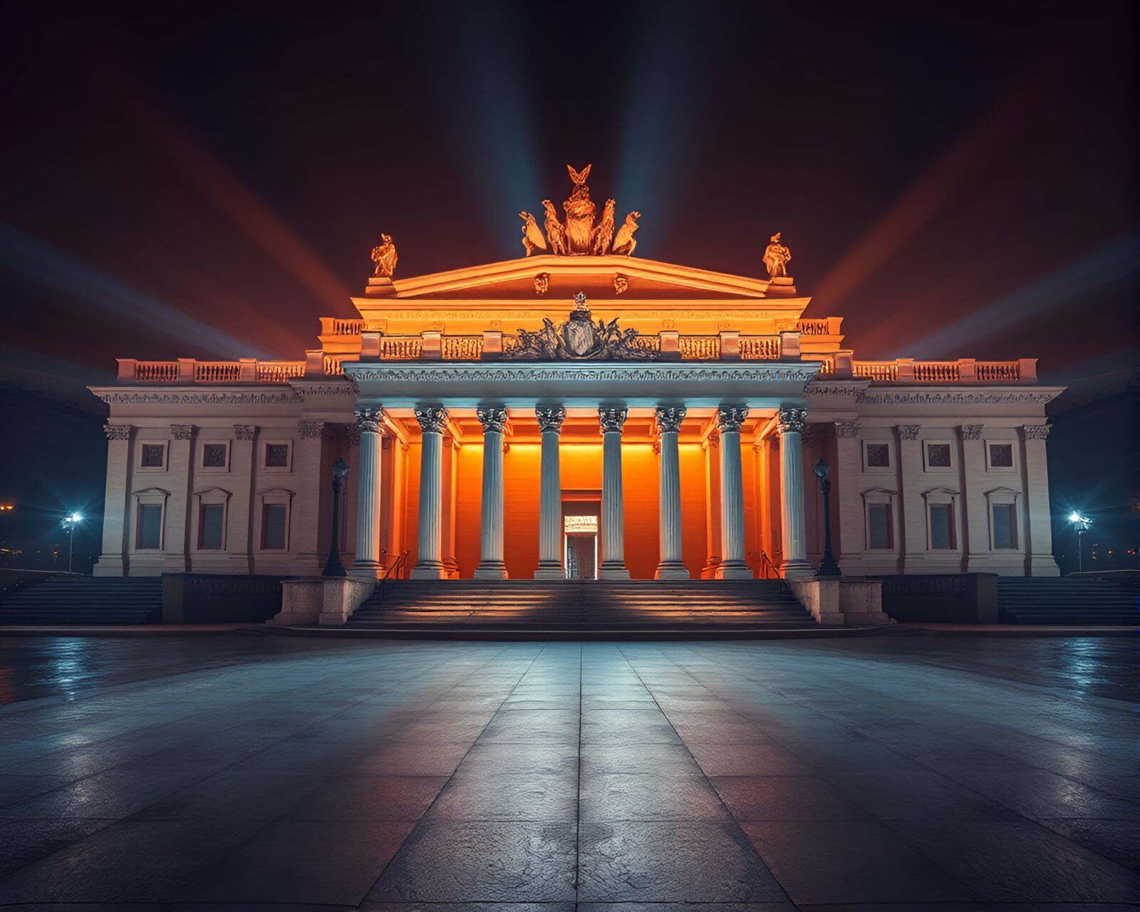 Symmetrical statue in opulent glow of an opera house