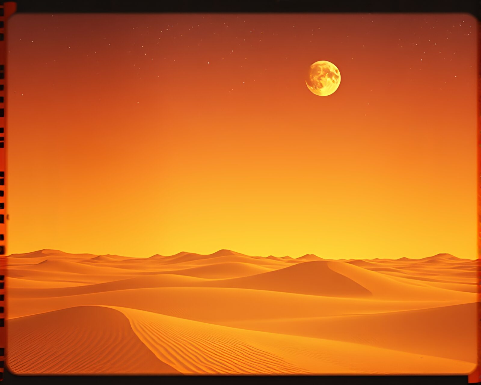 Desert-colored Zeppelin soaring through film sprocket hole sunset