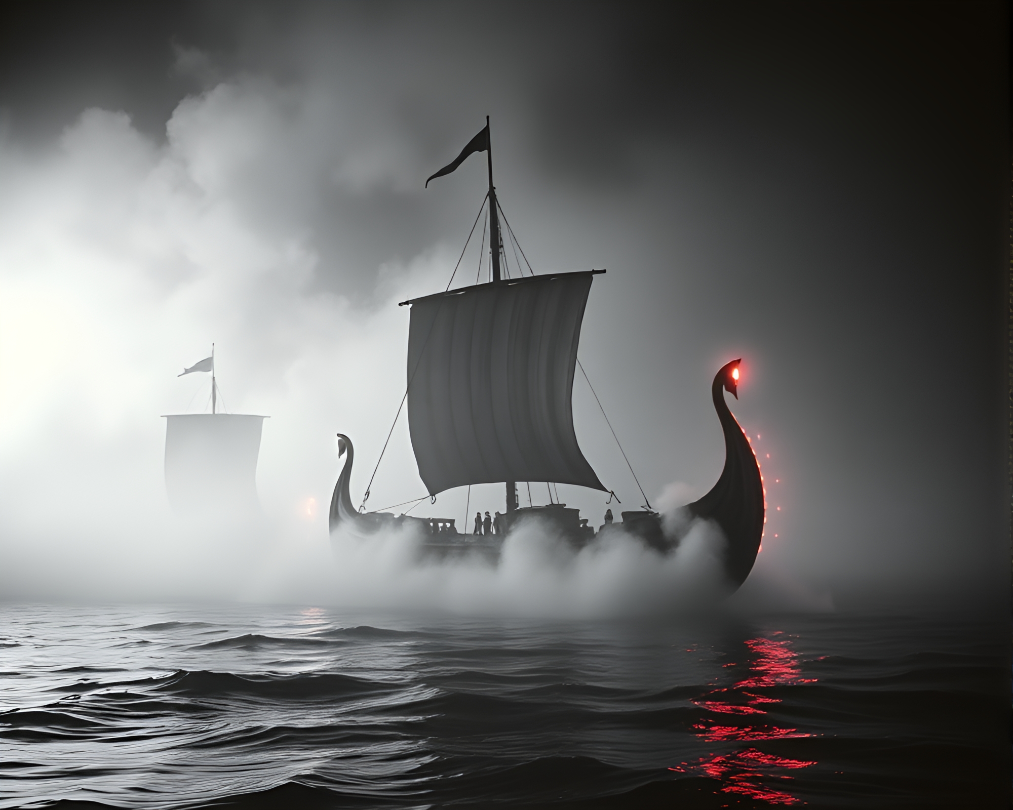 Synthwave Viking Longship through Smoke Rings Noir Scene – free AI stock image