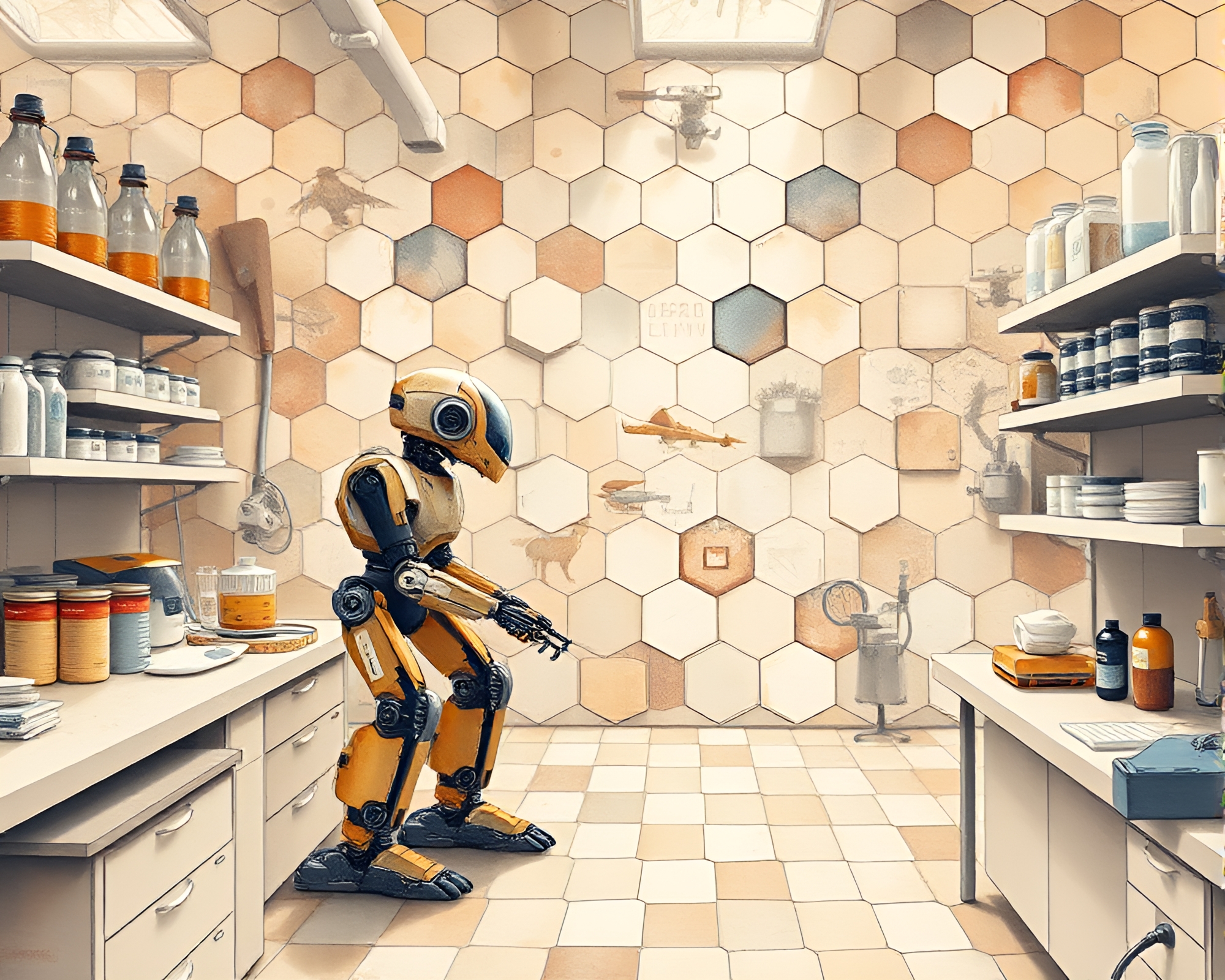Hexagonal Wildlife Robotics Laboratory Watercolor Composition – free AI stock image