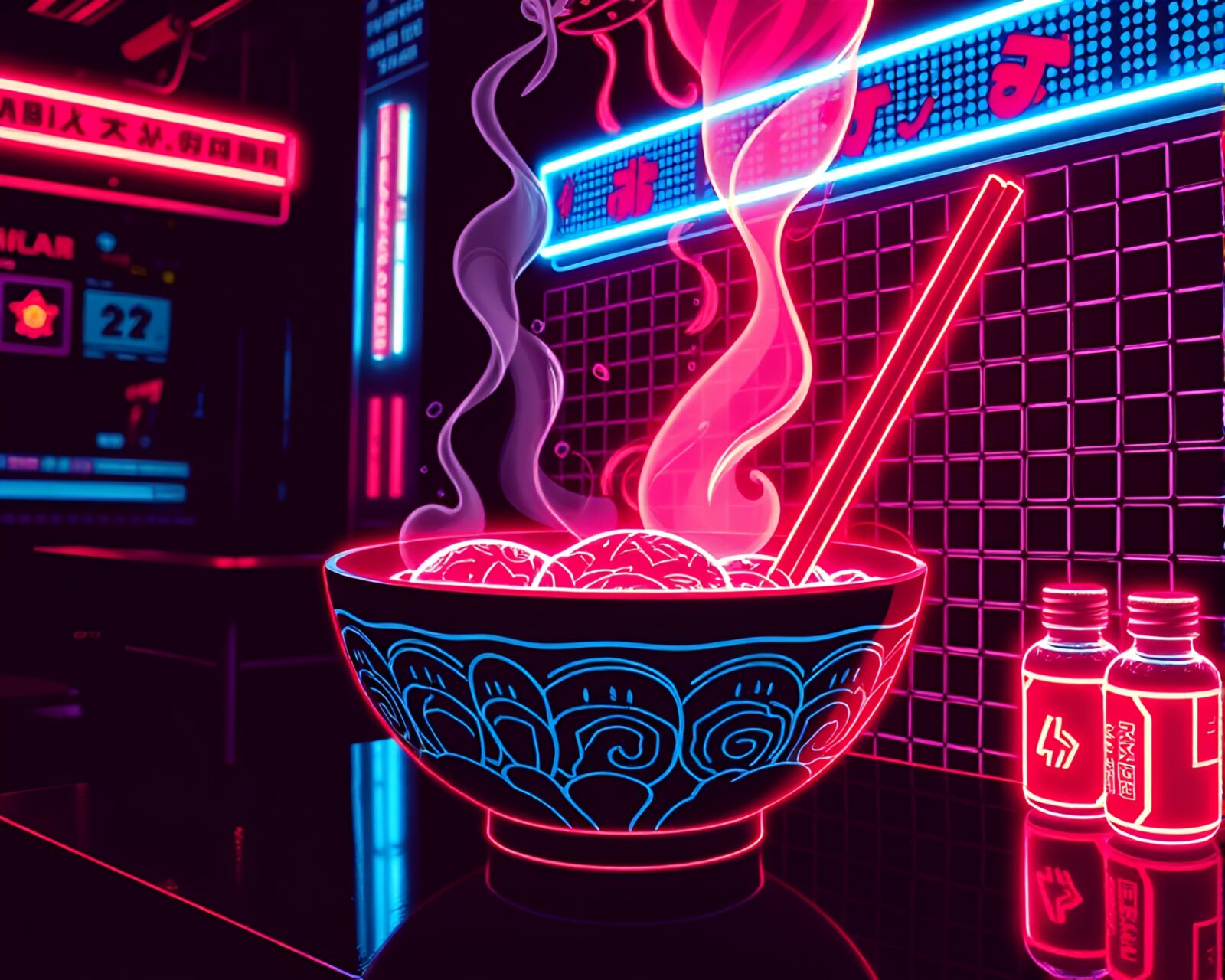 Vibrant halftone ramen bowl under energetic neon strobe lights