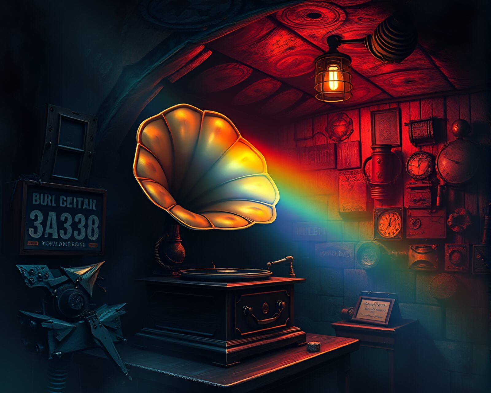 Digital painting of a steampunk gramophone in basement gloom