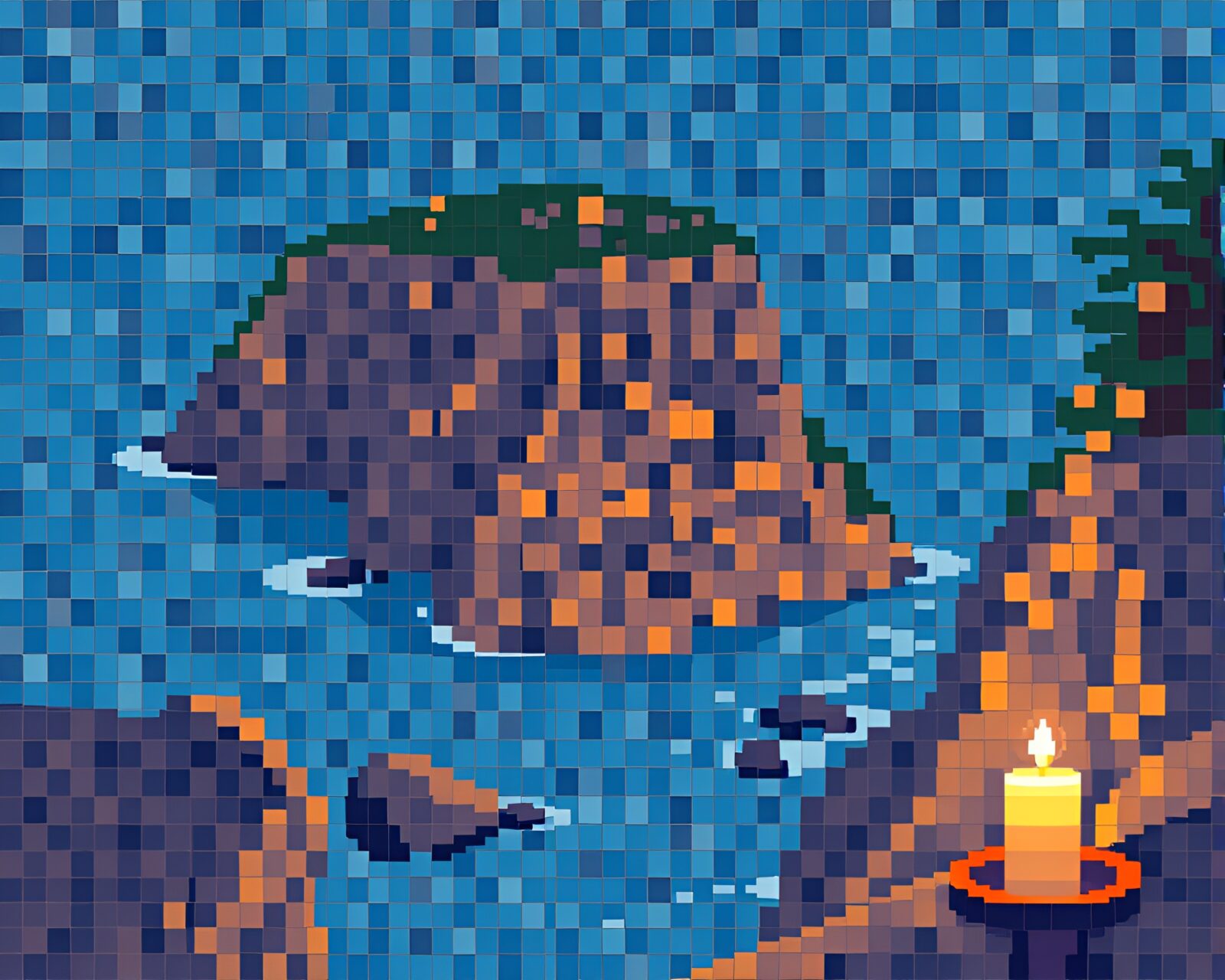 Intricate tiled mosaic cliff illuminated by pixelated candlelight