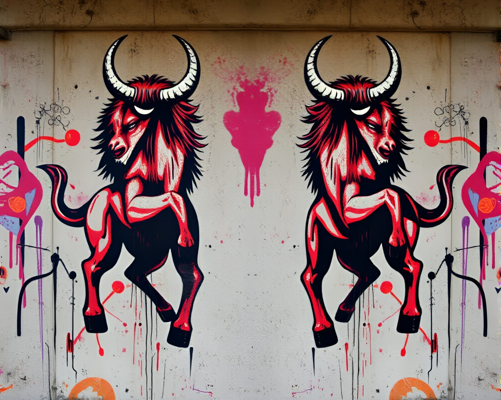 Colorful street art Minotaur mirrored in gritty urban setting
