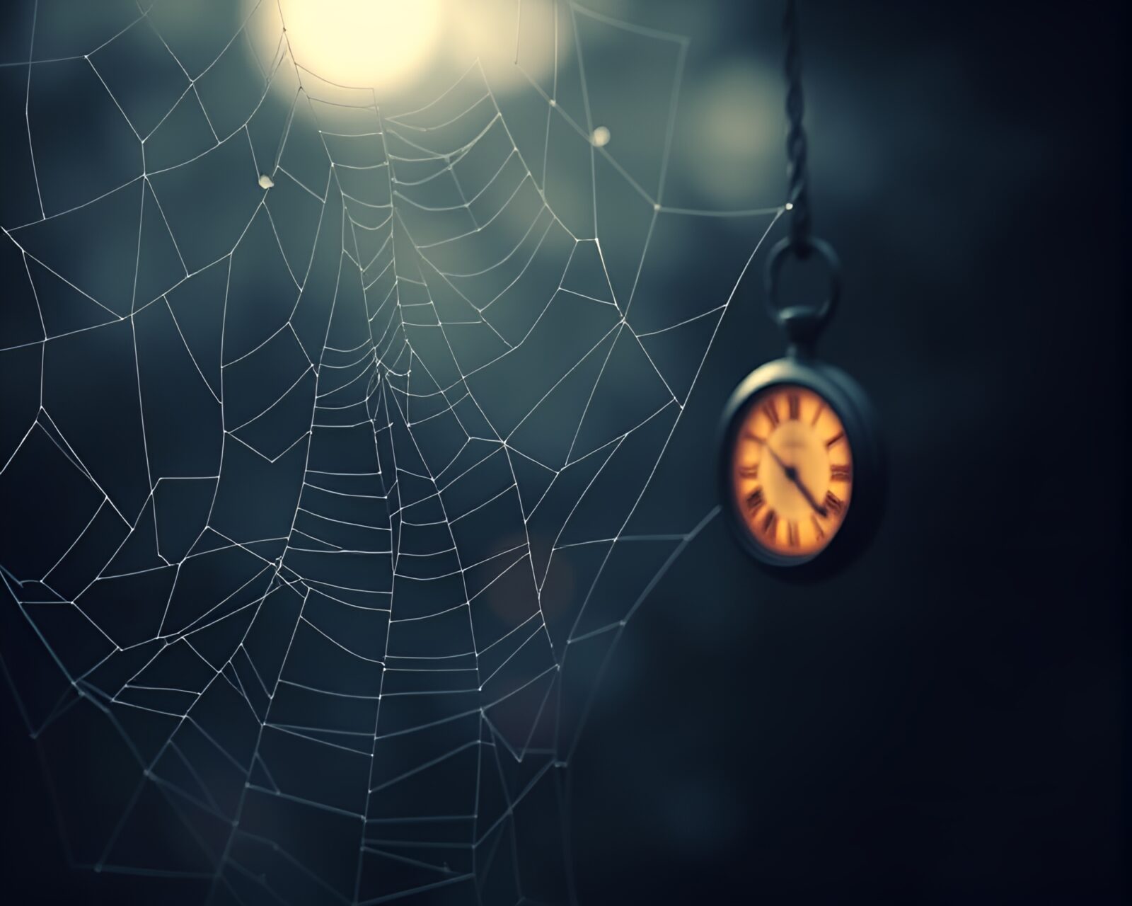 A mesmerizing pocket watch entangled in delicate cobweb strands.