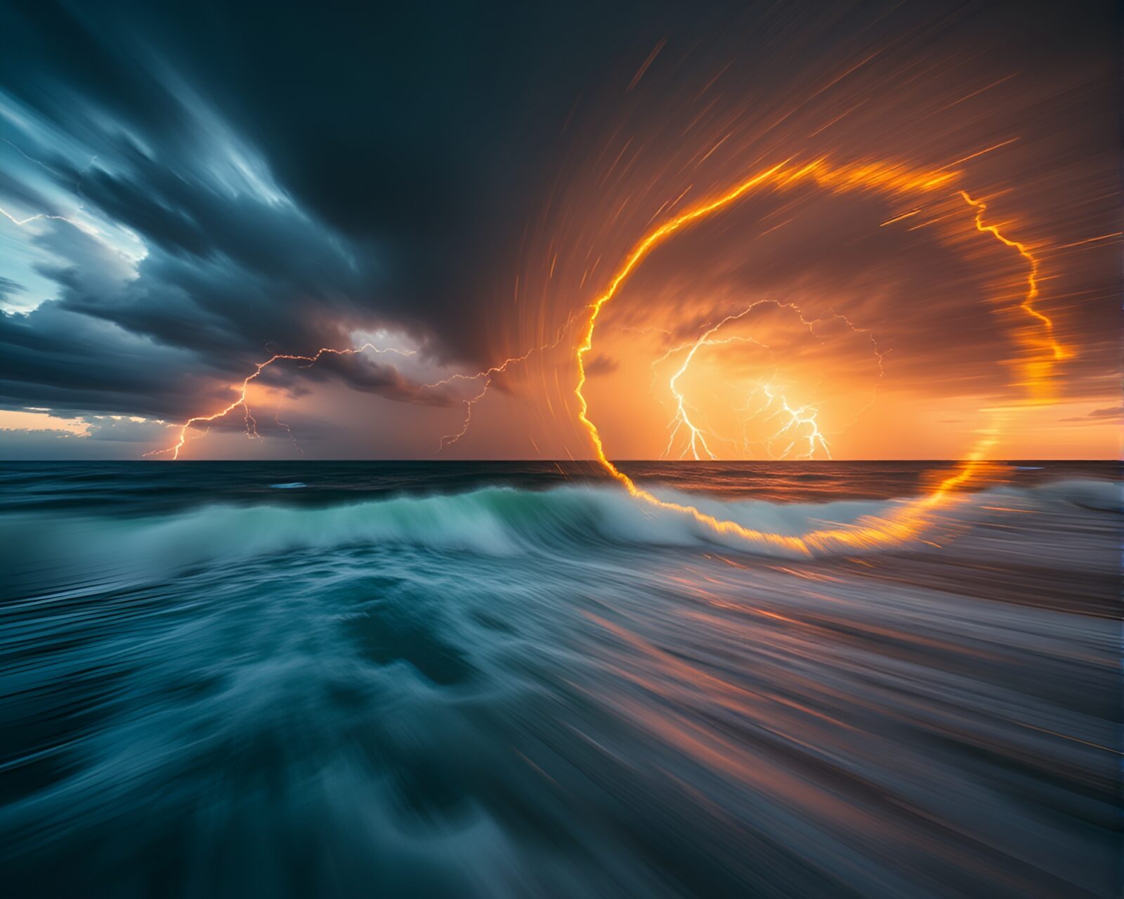 Spiral waves of gold amidst stormy ocean with digital lighting