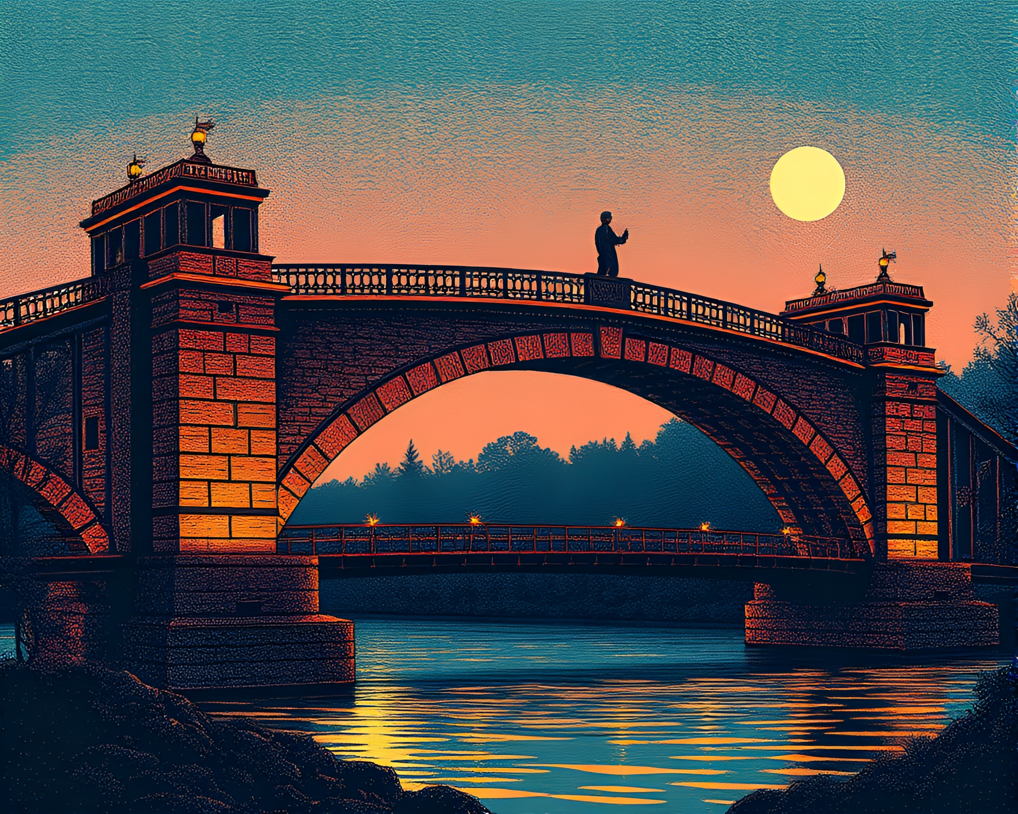 Halftone Bridge Illuminated by Fireplace Light – free AI stock image