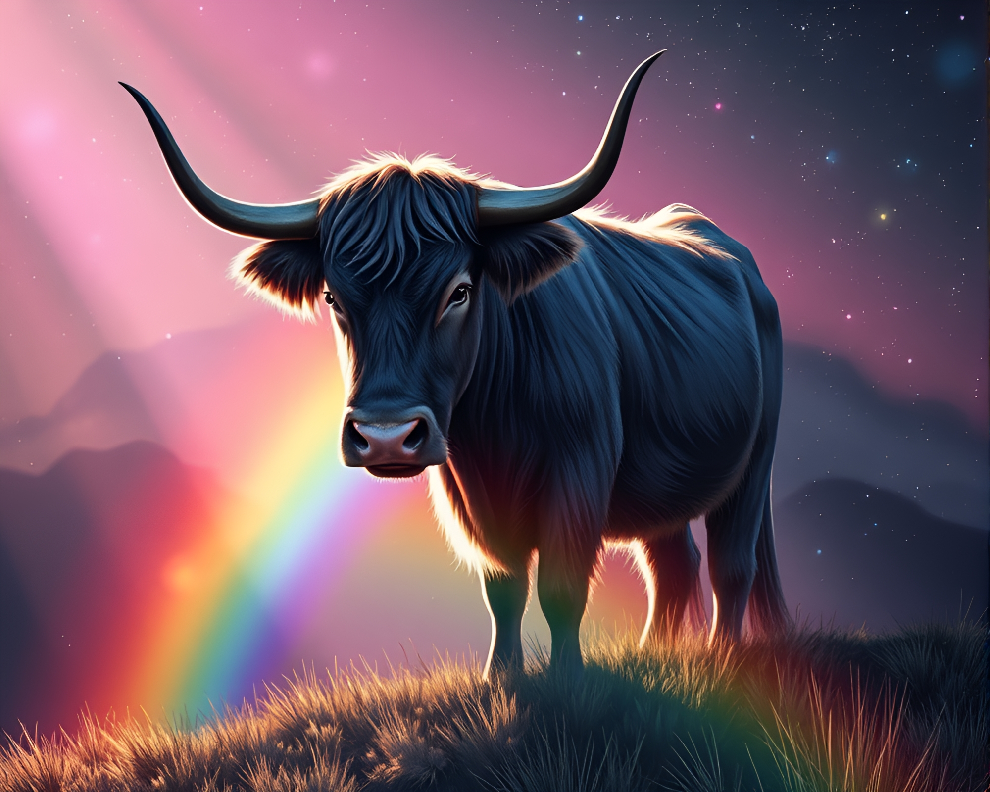 Manga Highland Cow in Cosmic Rainbow Shadow Play – free AI stock image