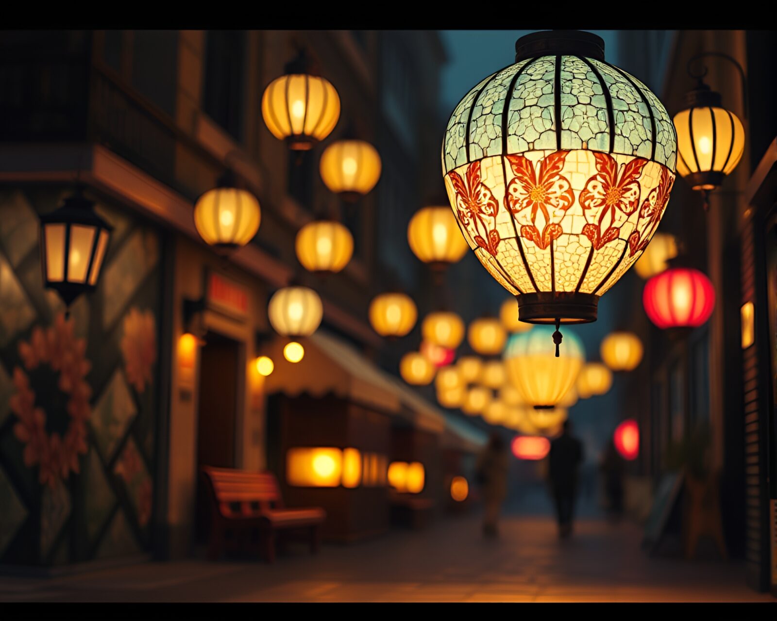 Vibrant paper lantern mosaic stop-motion street art display