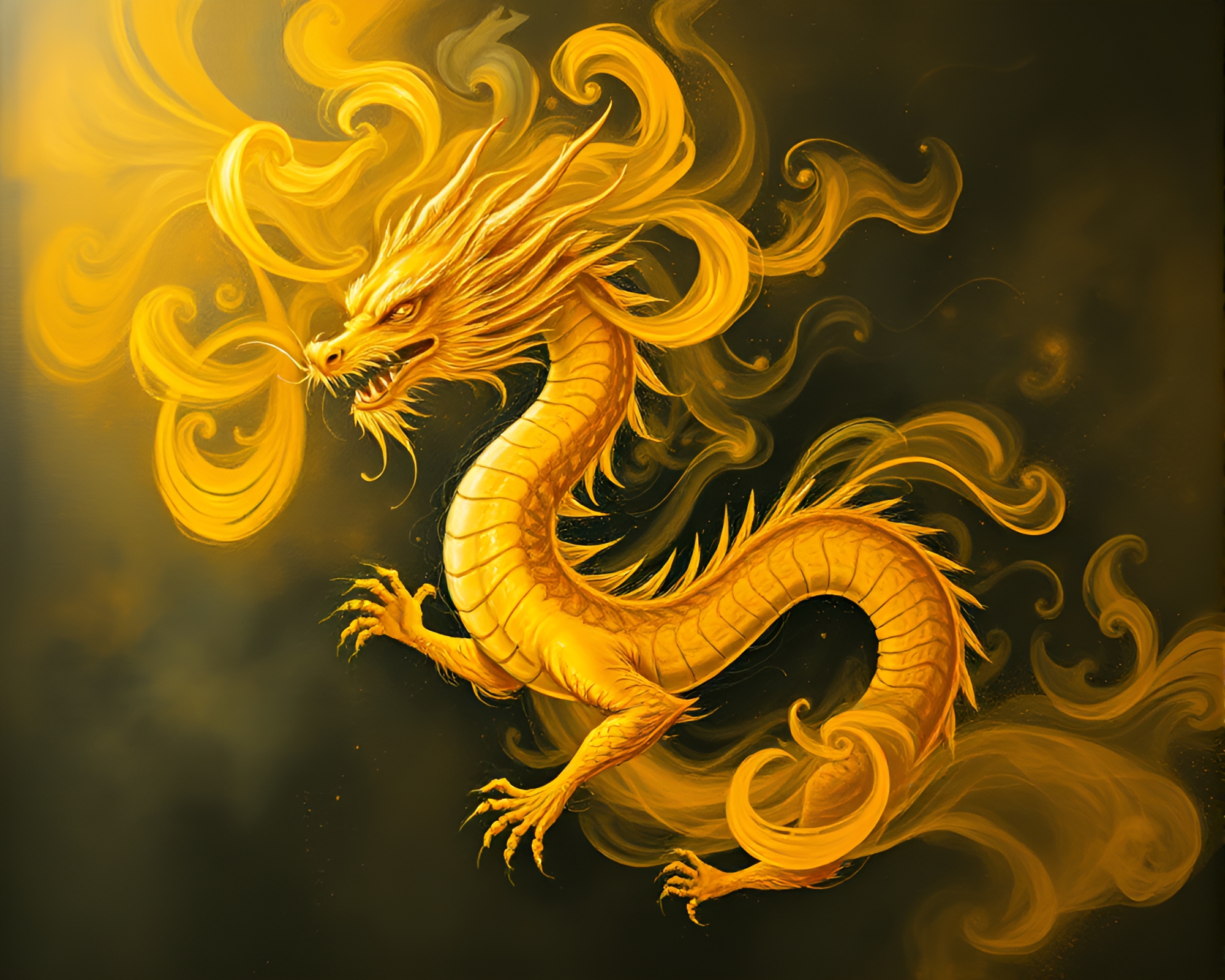 Celestial Dragon in Mustard Yellow Fresco Painting – free AI stock image