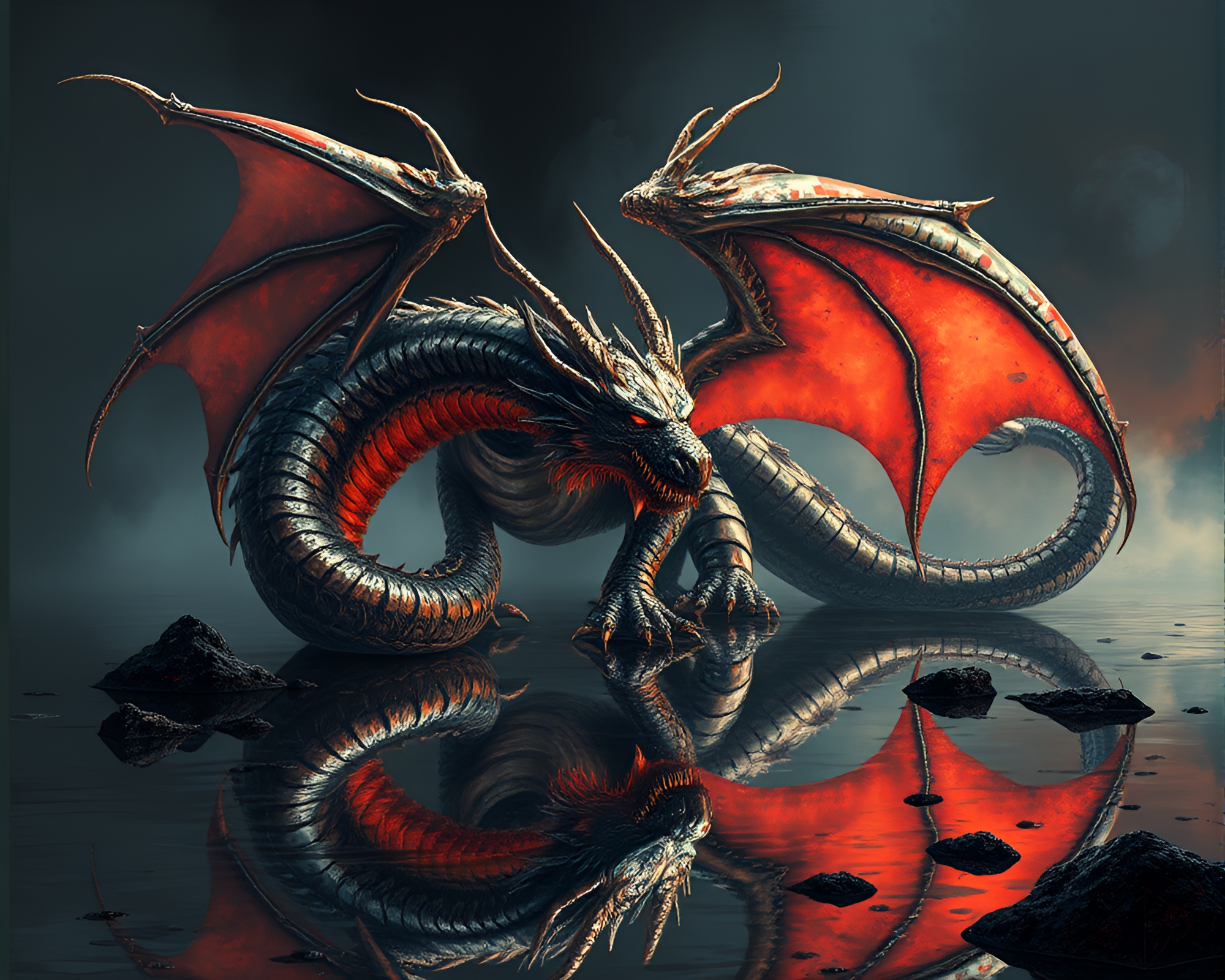 Dragon in Chrome Reflection, Necromantic Shade Underpainting – free AI stock image