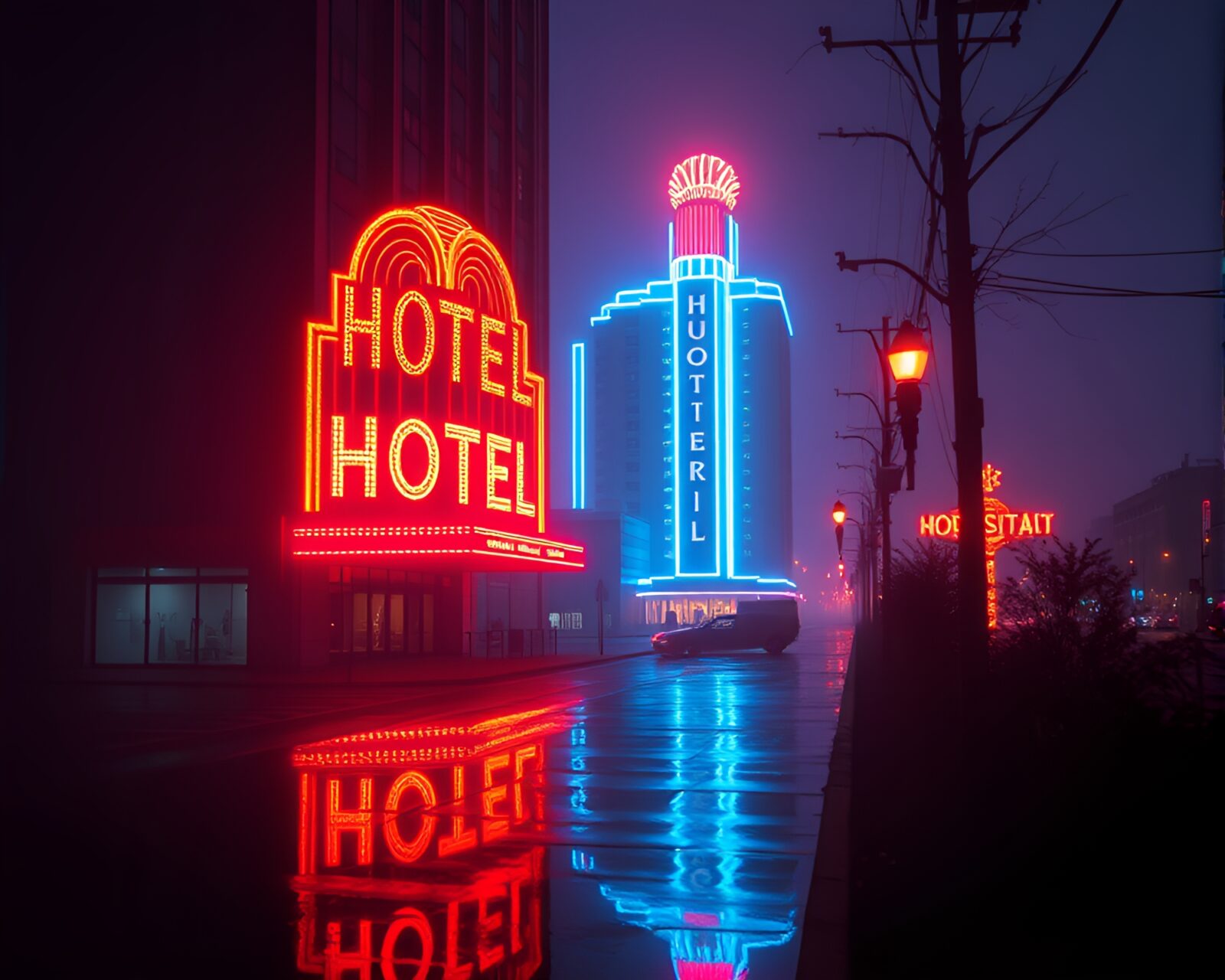 Neon Sign Style glowing against digital twilight sky