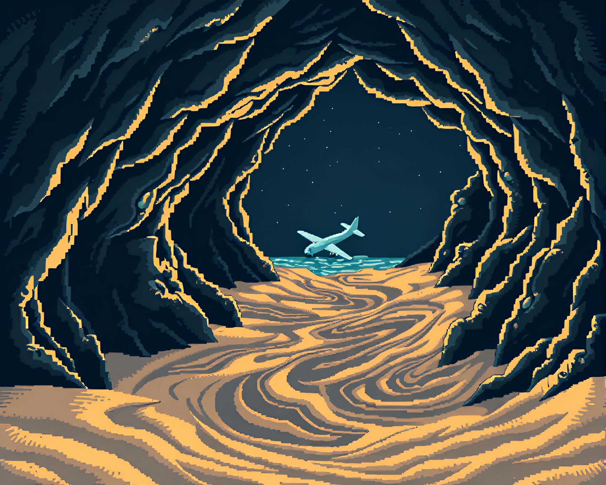 Mysterious Cave Sea Plane Pixel Art – free AI stock image