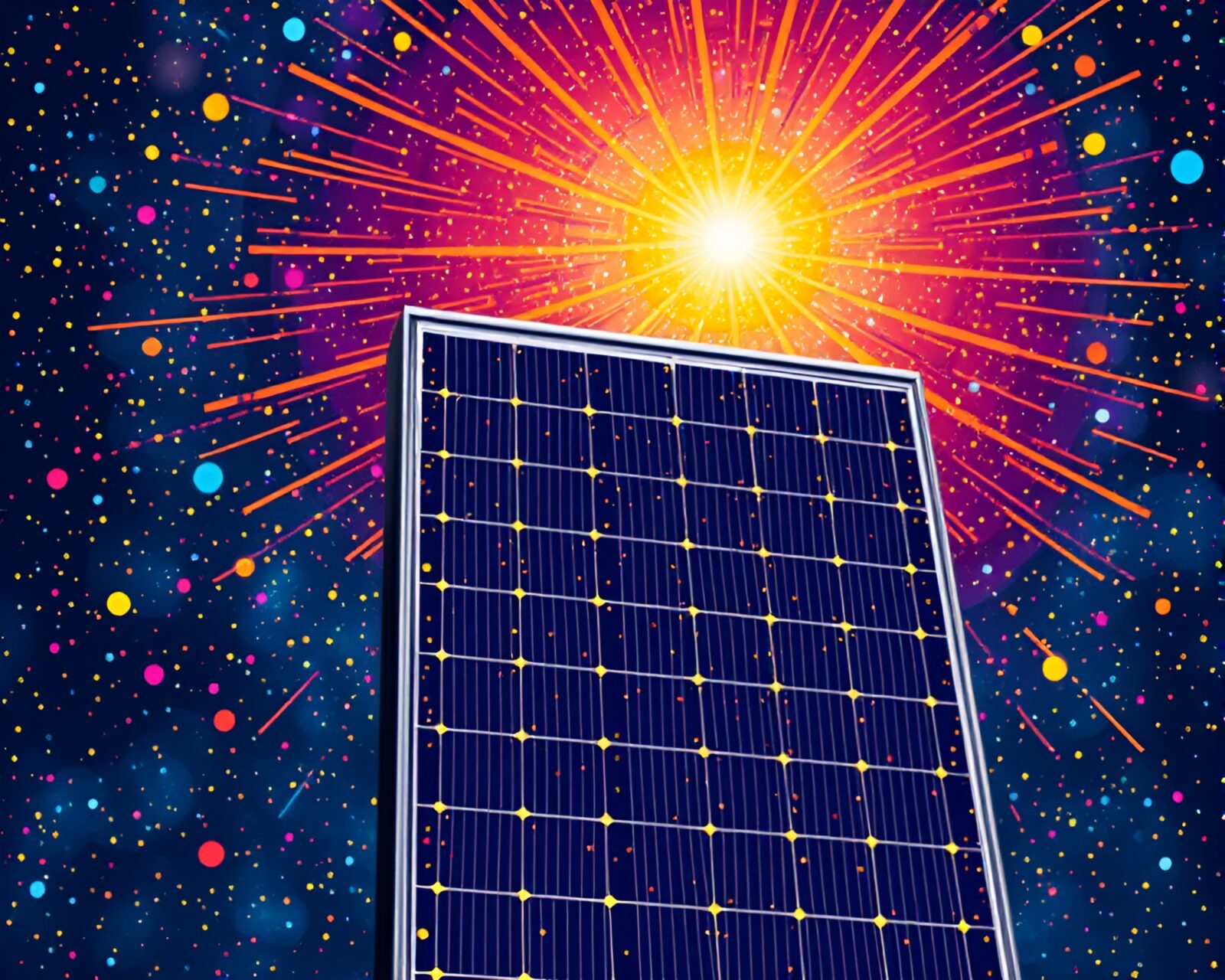 Colorful solar panels in tight crop with confetti-like light bursts