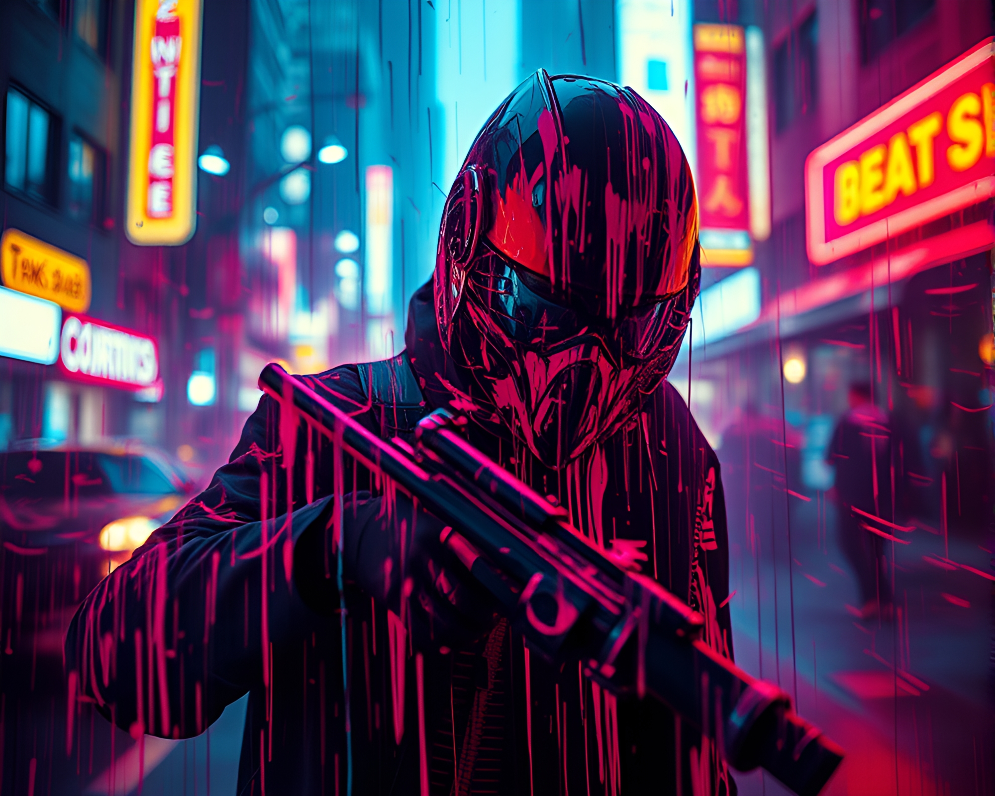 Neon Cyberpunk Vigilante in Hyper-Saturated Long Exposure Capture – free AI stock image