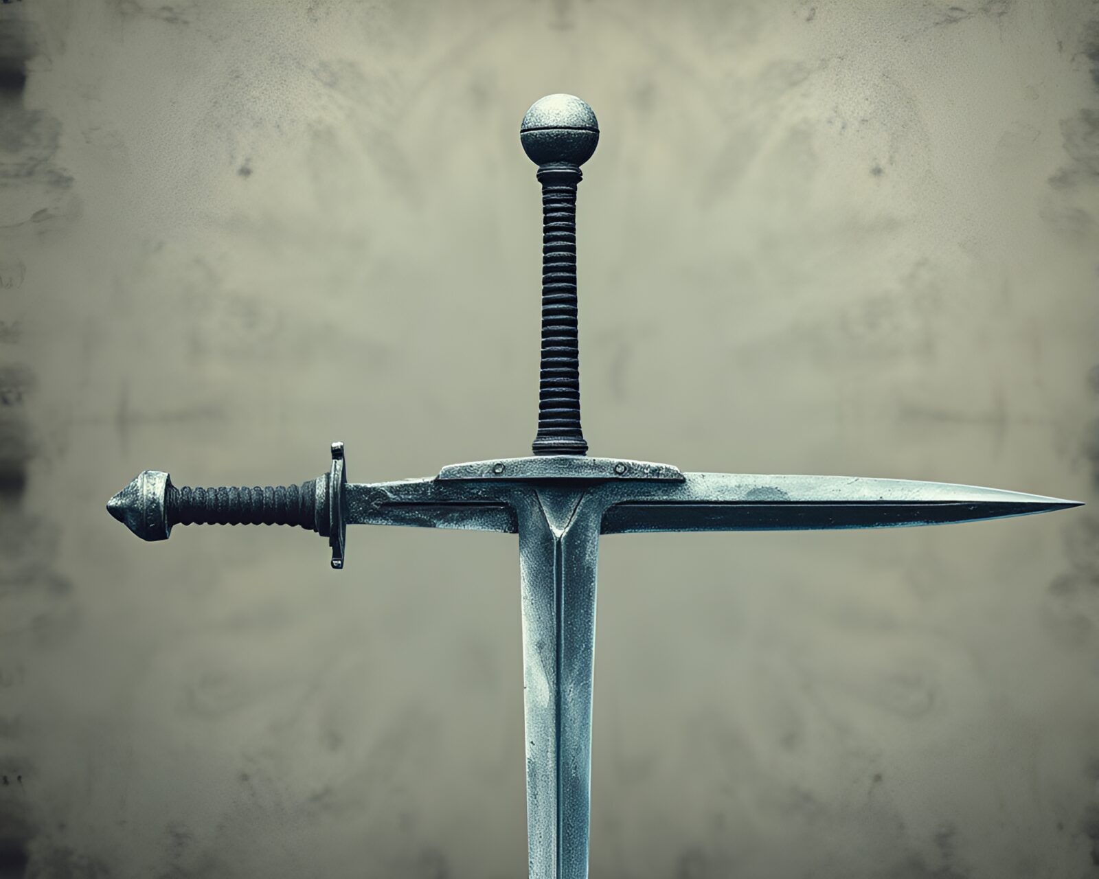 A sepia-toned image of a sword with a frosty, ice-blue aura against torn edges