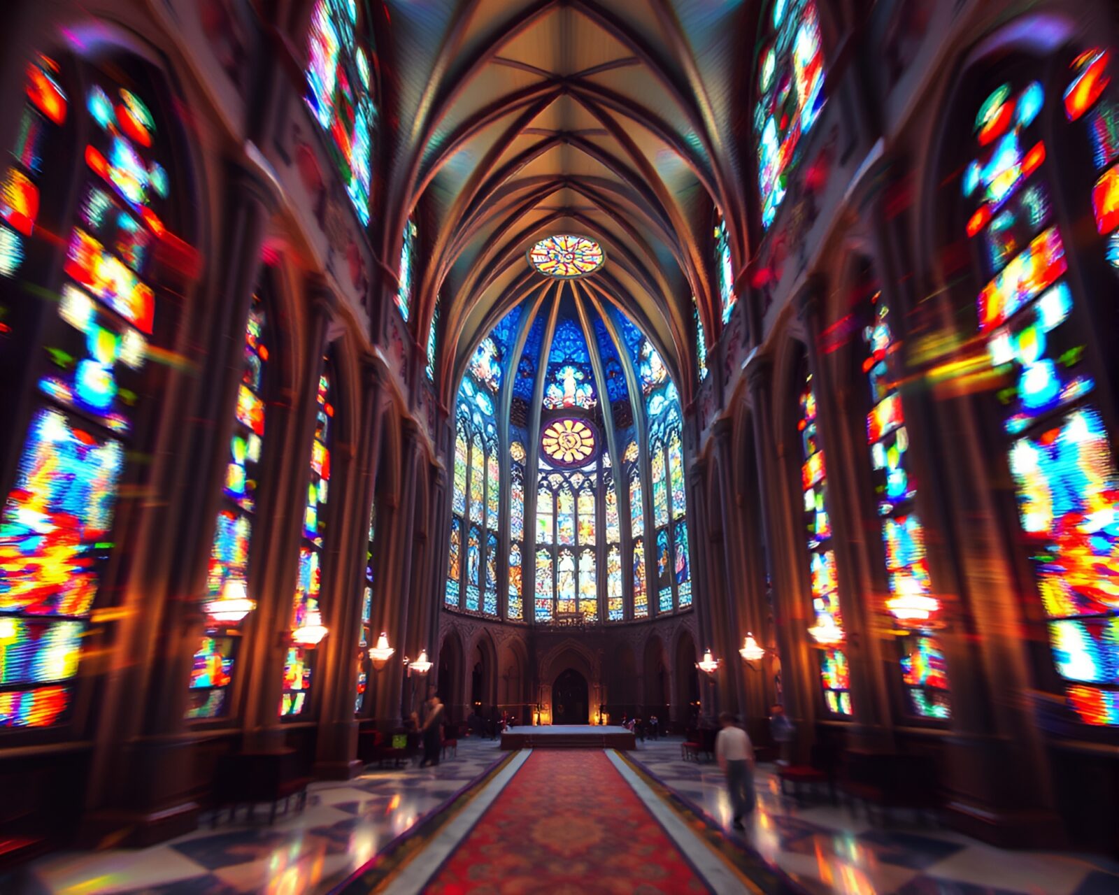 Stained light in cathedral-like swirls, lens distortion composition