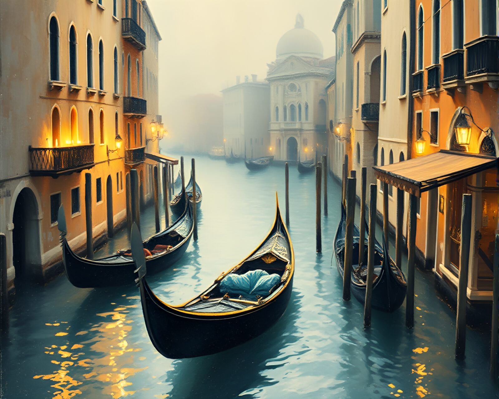 Warm, off-white light leaks illuminate a sgraffito Venetian gondola
